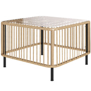 Polyrattan Garden Table, Weatherproof Side Table with Glass Top, Natural Wood