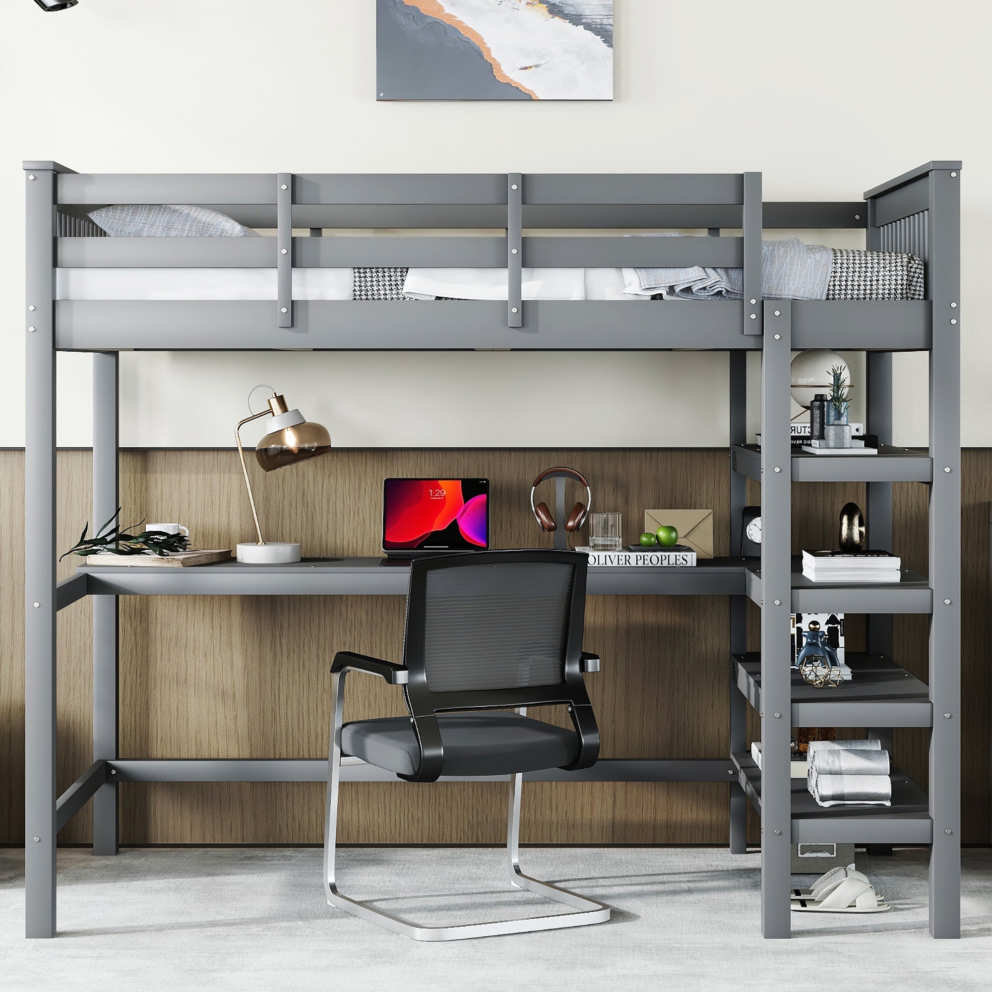 Loft Bed 90x200cm Children's Storage Under-Bed Desk Grey
