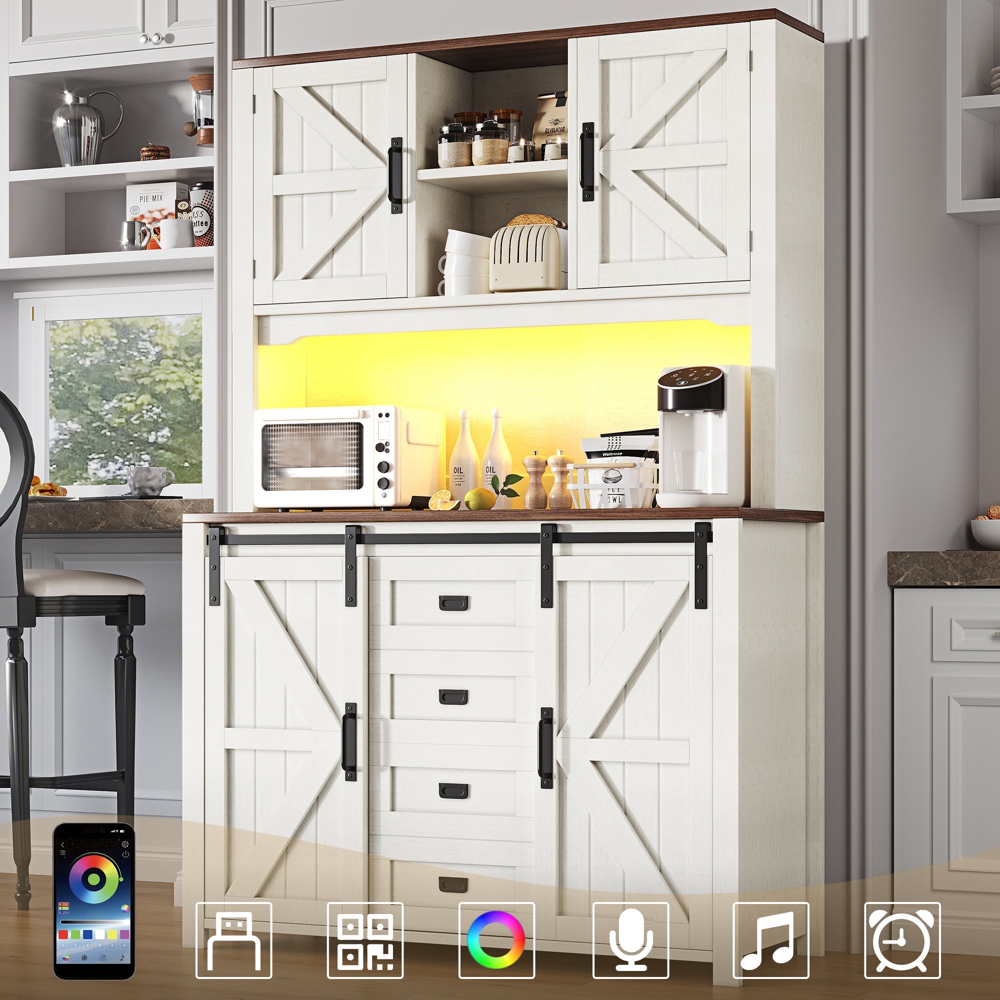 Tall Kitchen Sideboards with Sliding Doors and LED Lighting, Black and White
