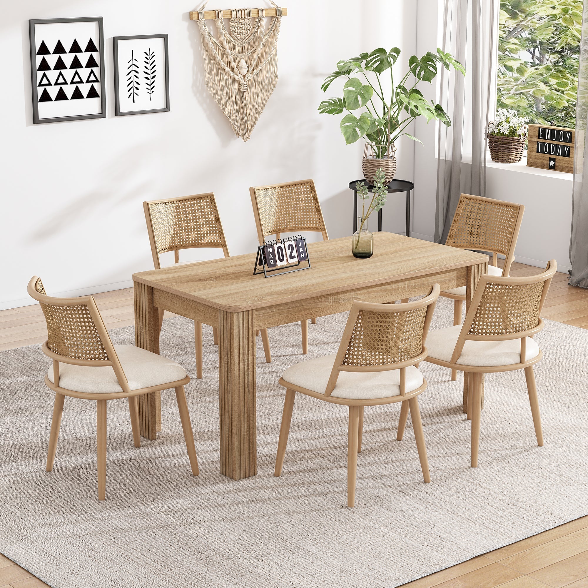 Set of 2 Chairs with PU Seat and Rattan Backrest, Beige