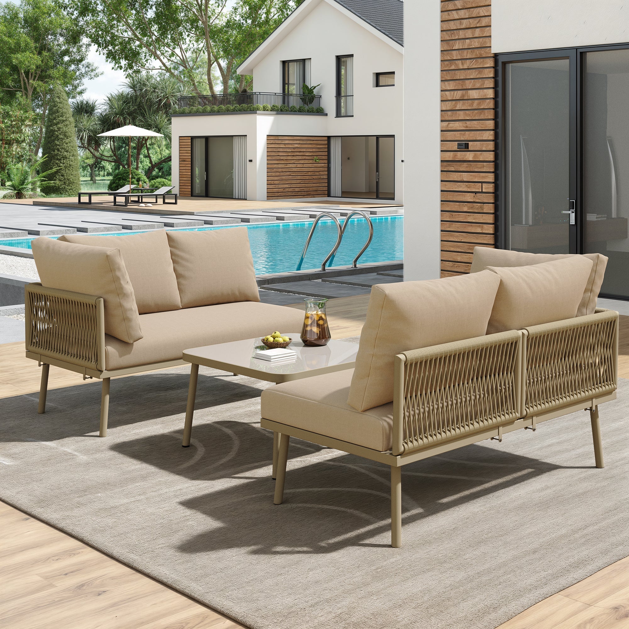 Iron Garden Lounge Set L-Shaped with Seat Cushions, 2 Sofas & 1 Table, Khaki