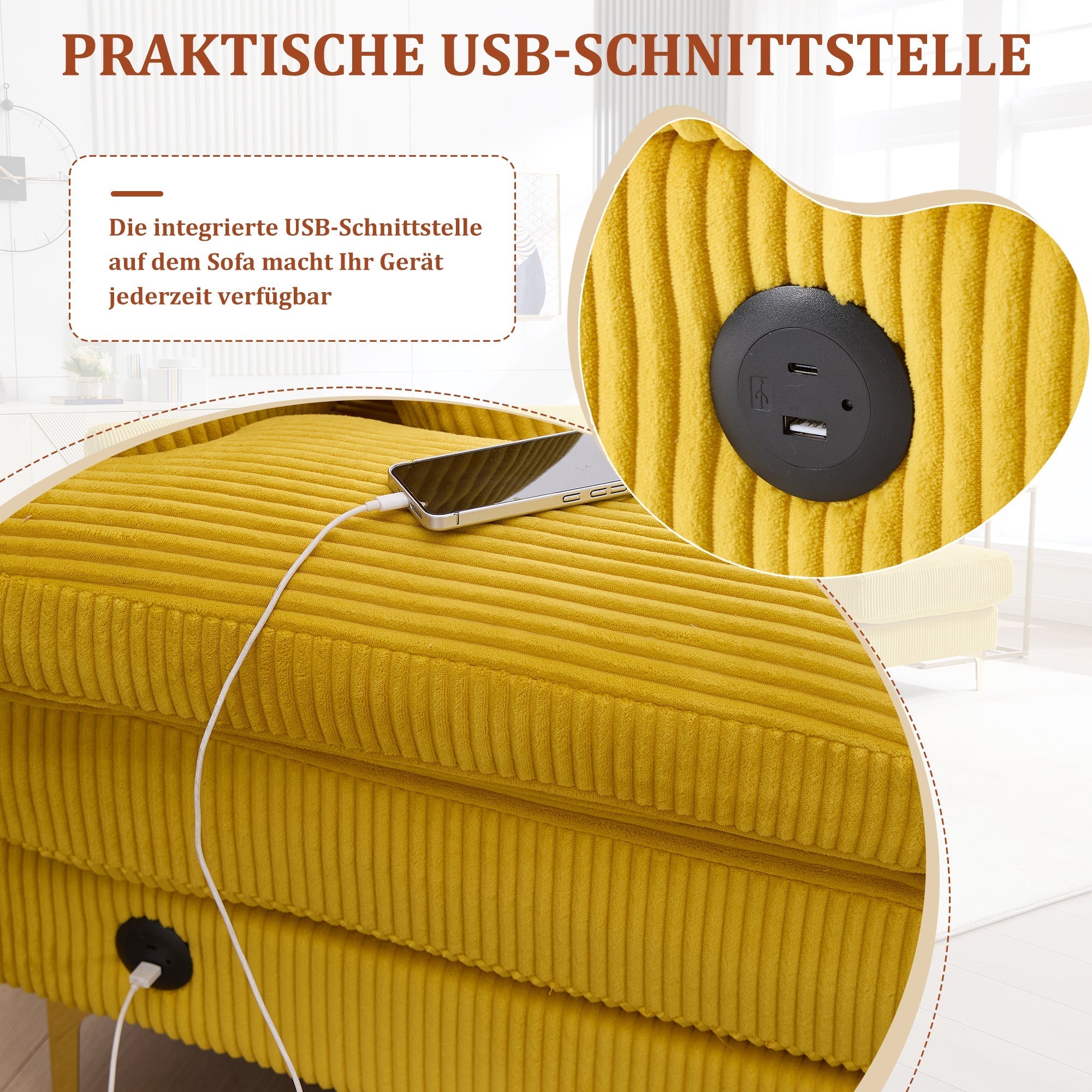 U-Shaped Sofa, LED Ambient Lighting & USB-C Port, Yellow