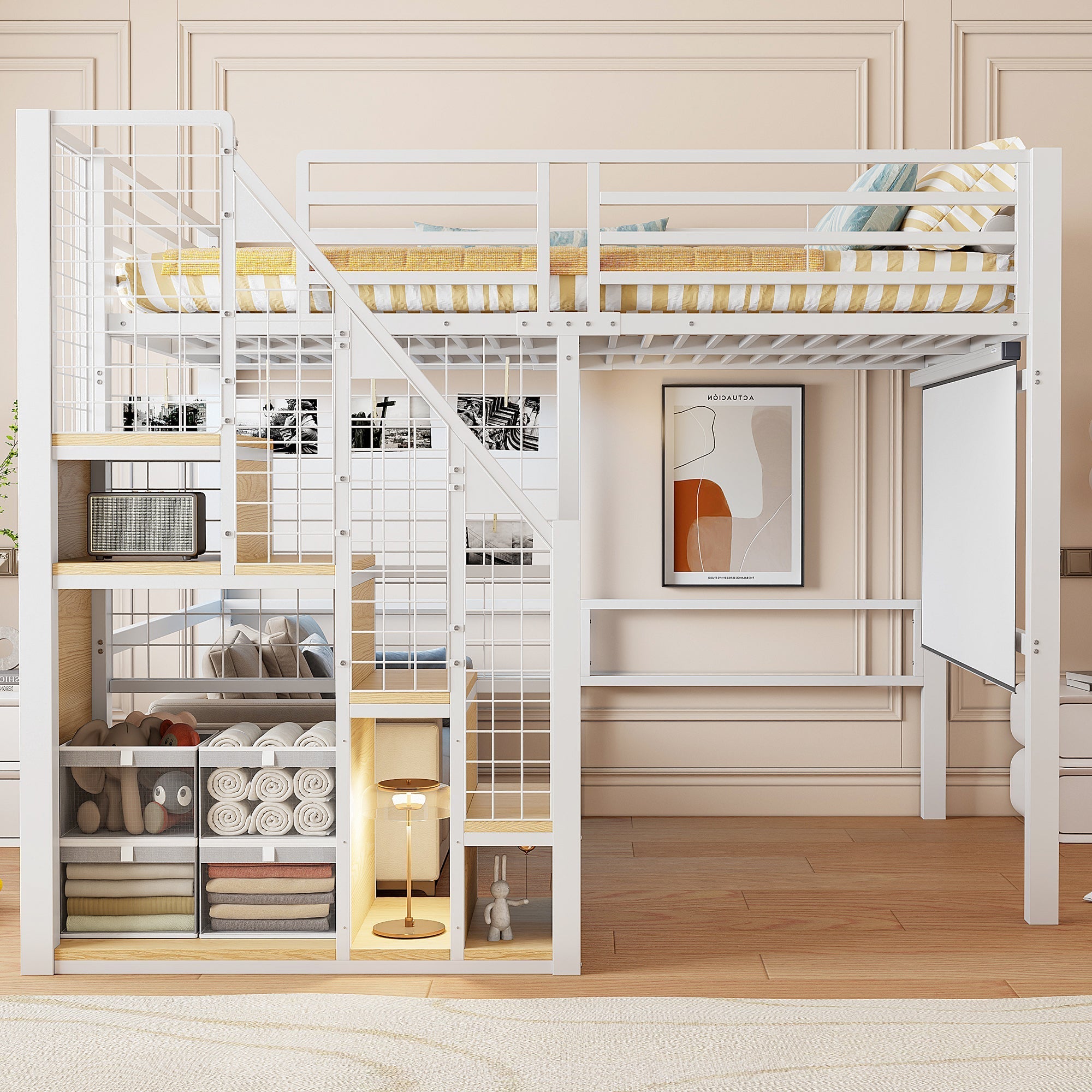 Bunk Bed with Safety Ladder and Storage Area, 140x200cm, White Iron Frame