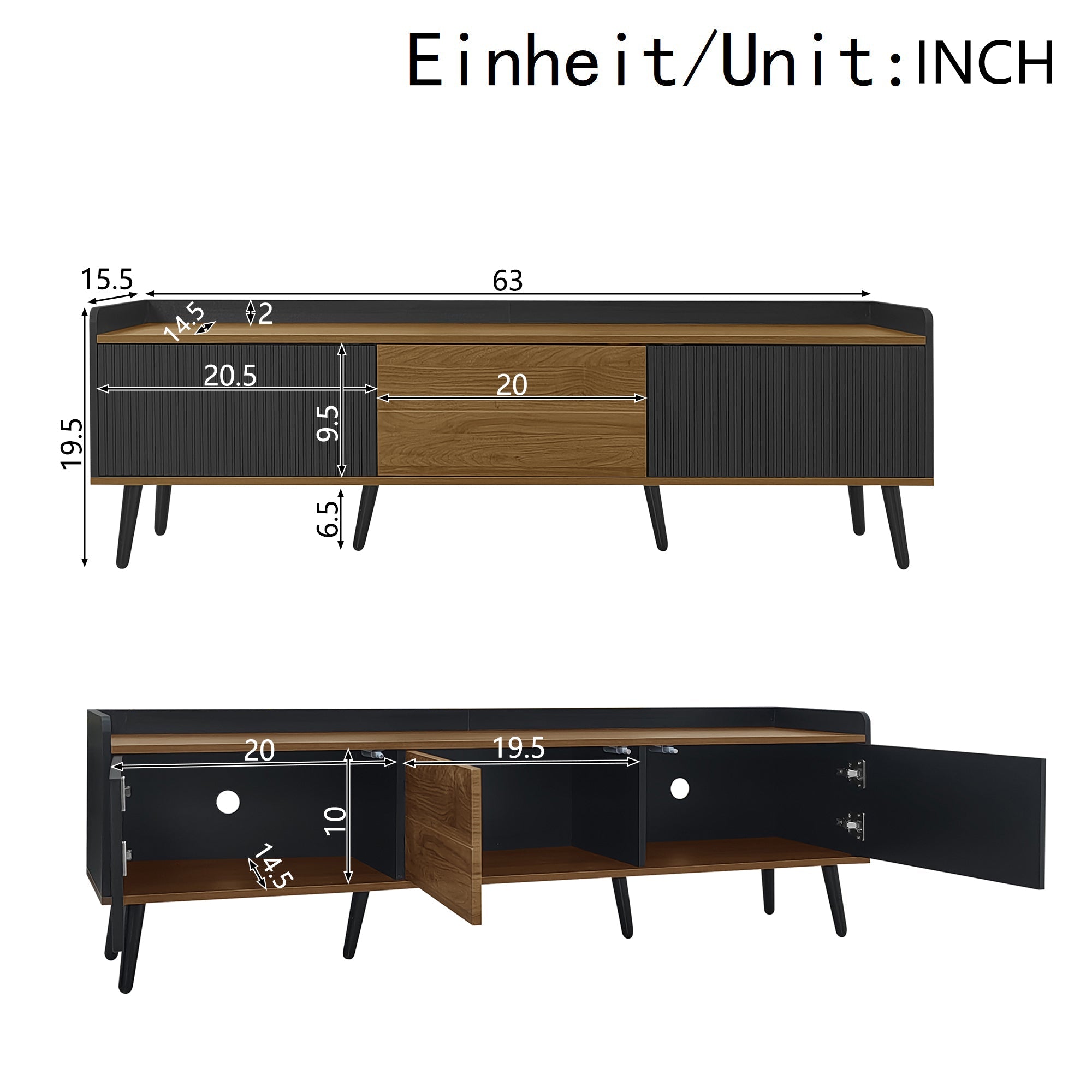 TV Cabinet 3-Door Base Cabinet Compact Design Black and Natural Wood