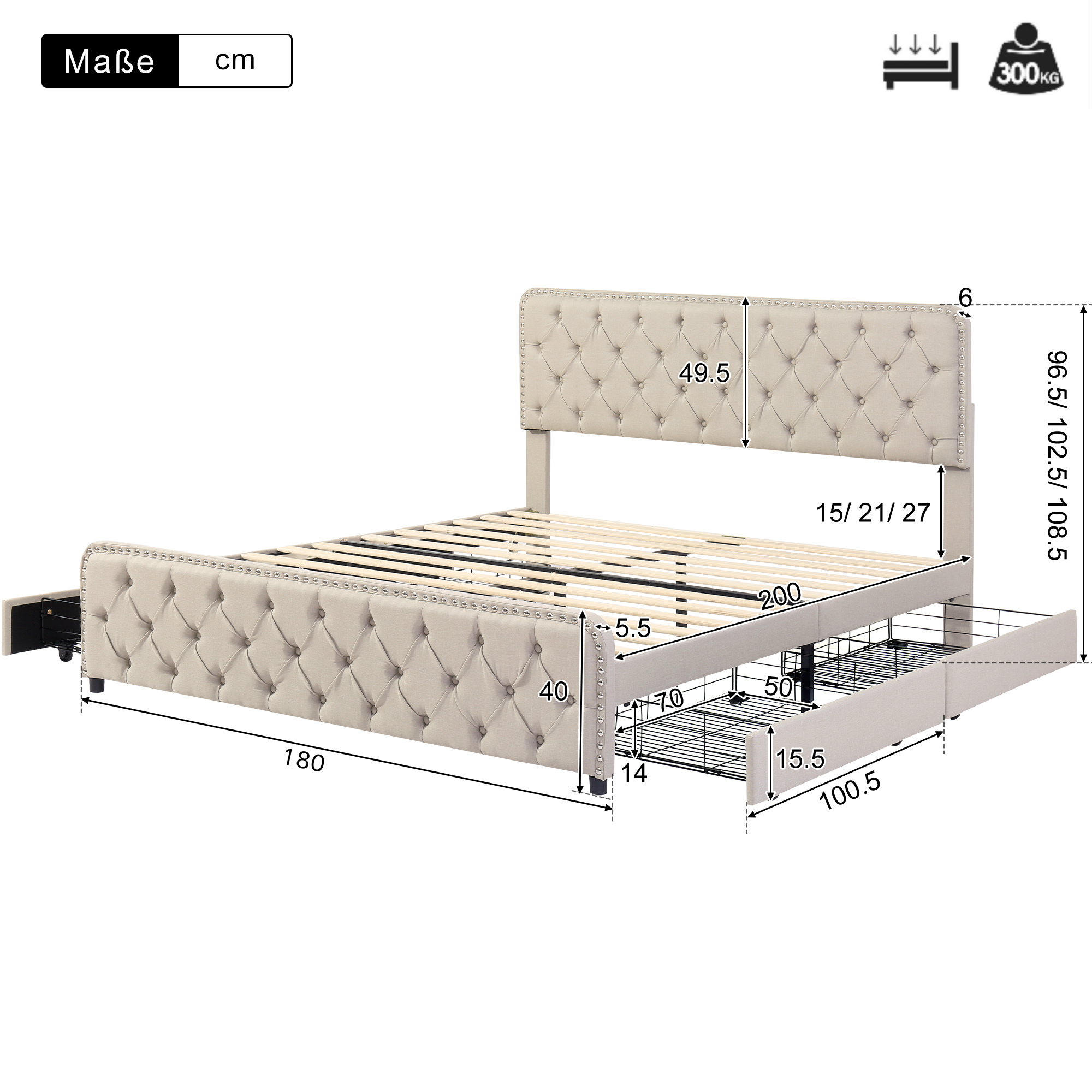 Upholstered Double Bed with Four Drawers and Height-Adjustable Headboard, 180x200cm, Beige Linen