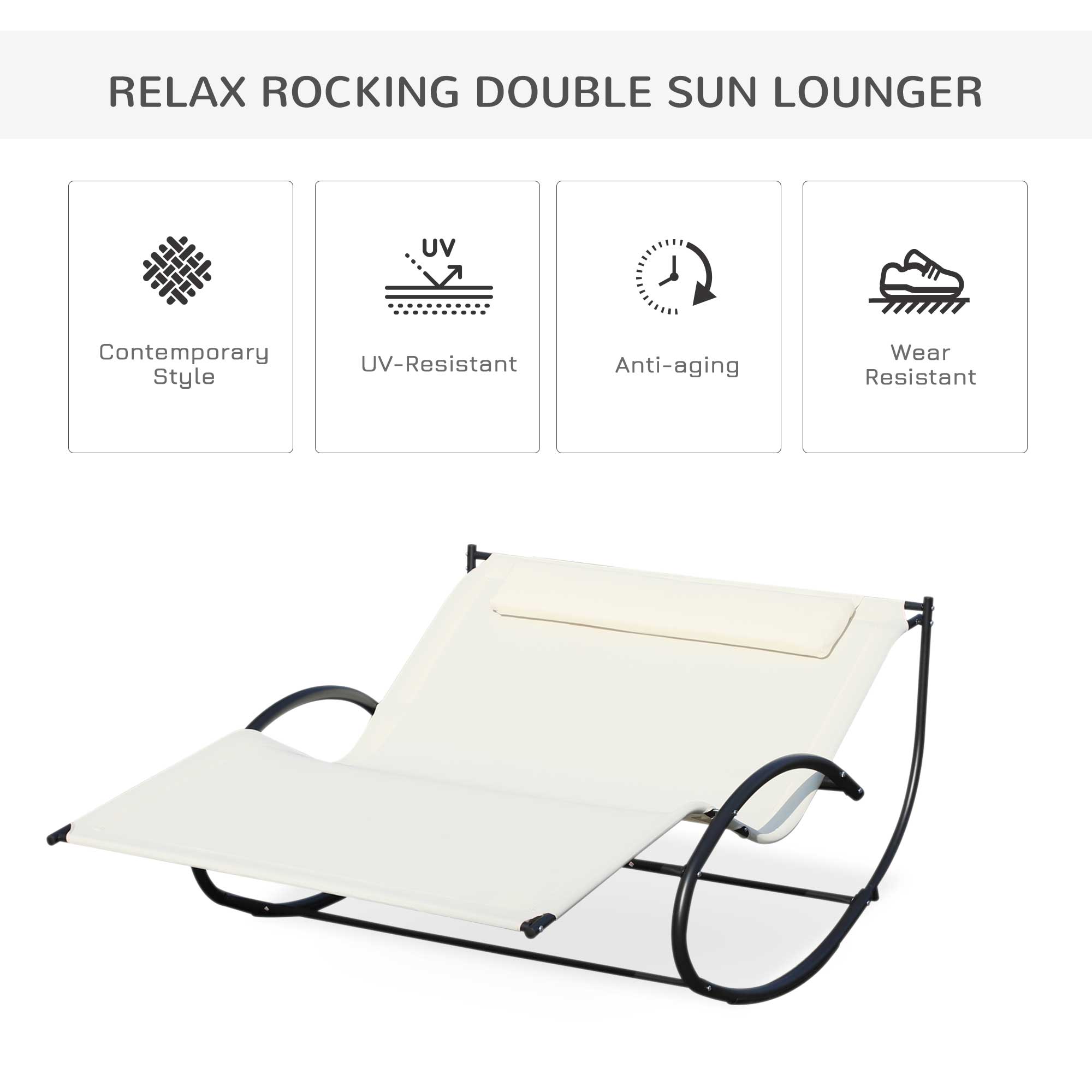 Double Sun Lounger Rocking Daybed with Armrest and Headrest Pillow, Beige