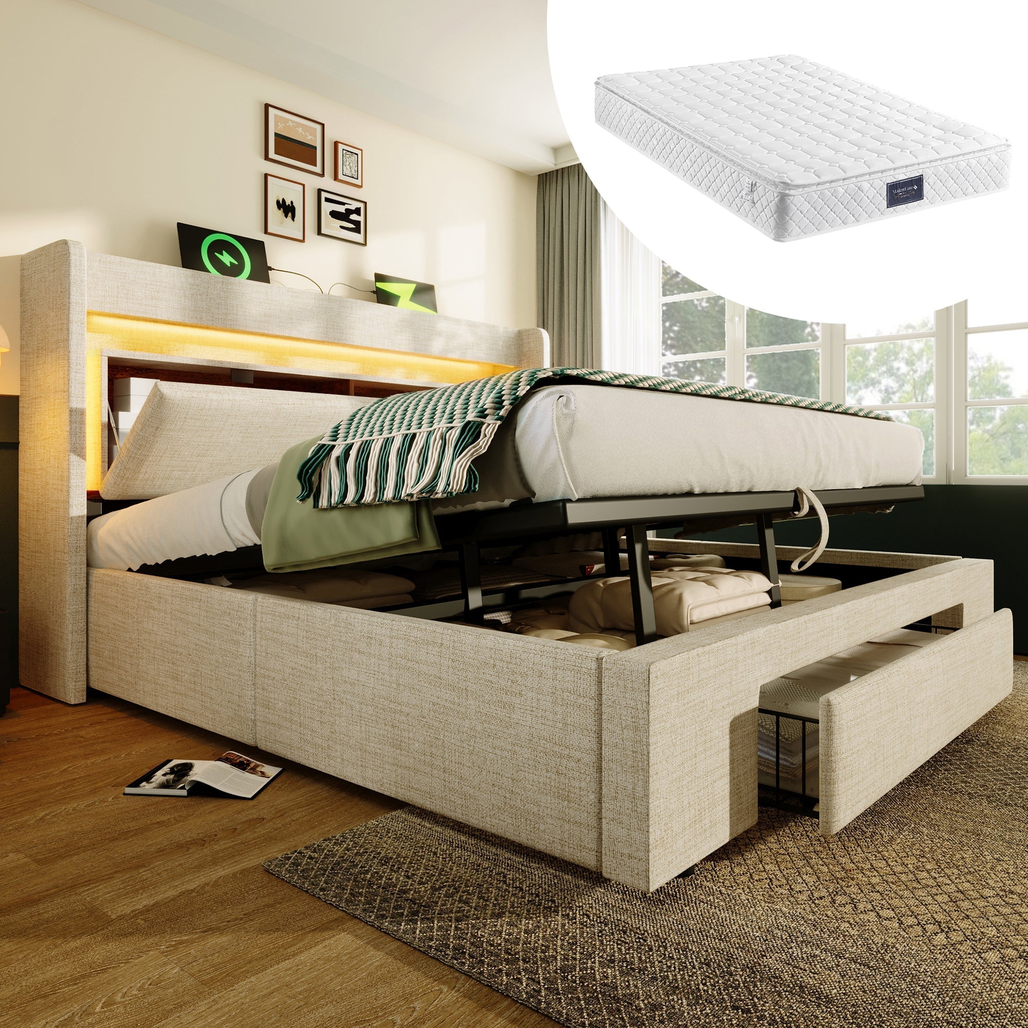 Upholstered Bed 160x200cm Hydraulic Storage Headboard with LED & USB/USB-C - Beige Linen
