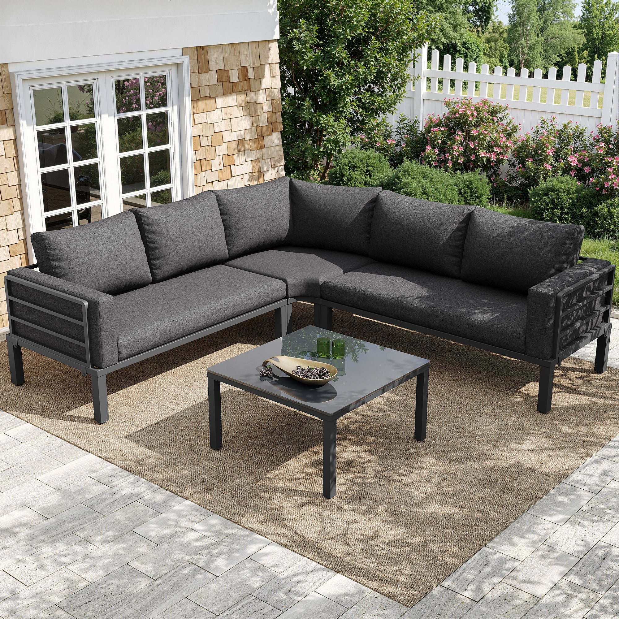 Garden Furniture Set 4-5 Seater with Tempered Glass Coffee Table Adjustable Legs Galvanized Iron Grey Cushions