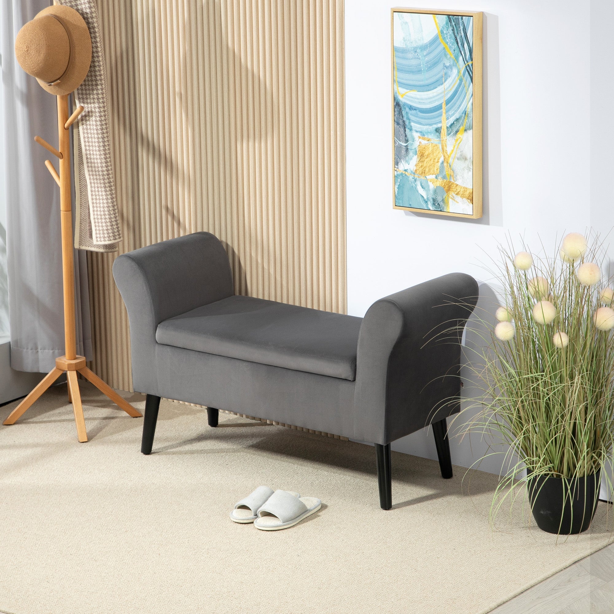 Upholstered Bench with Storage Space, Armrests, Dark Grey Velvet