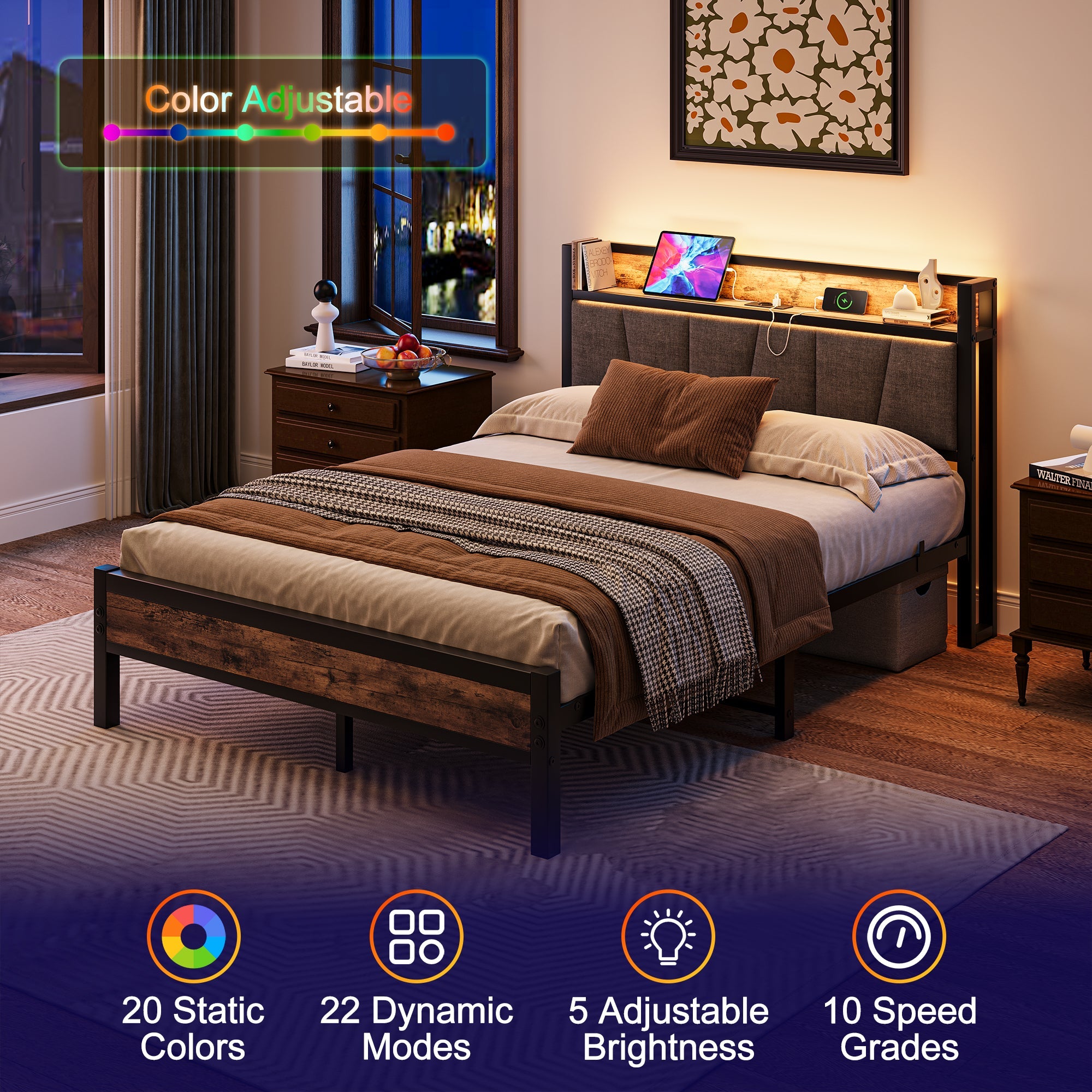 Bed Frame 140x190cm Smart LED Lights USB Charging Noise-Free Metal