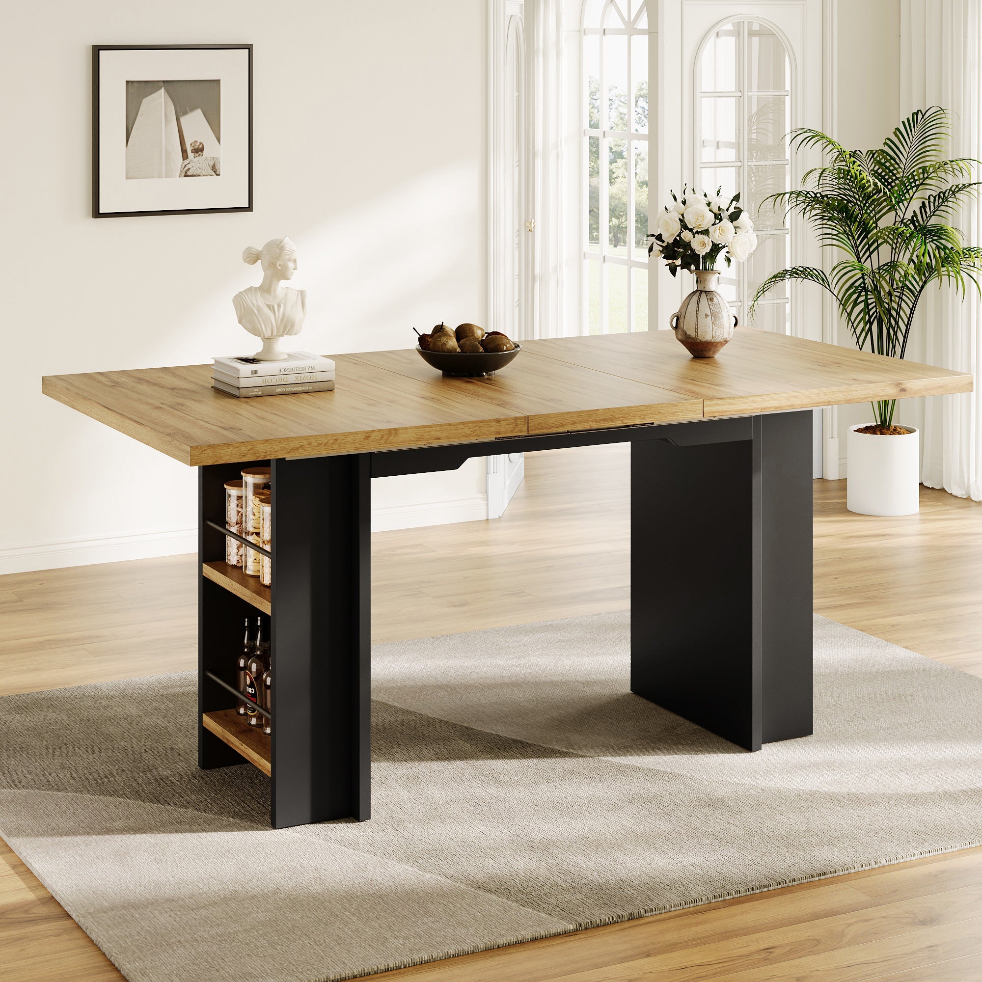 Telescopic Dining Table with Shelves and Extendable 120-160cm Surface, Wood Color