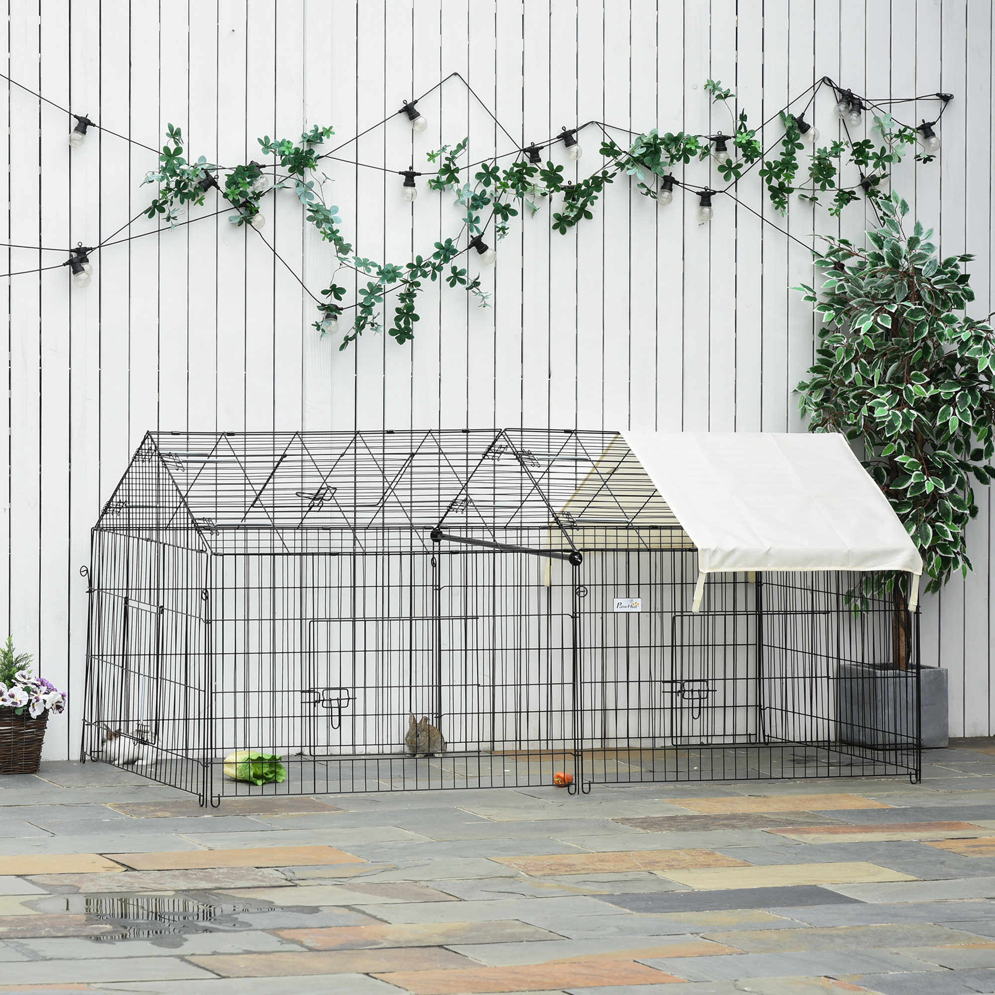 Outdoor Enclosure, Sun Protection, Rabbit Hutch, Metal, Beige and Black