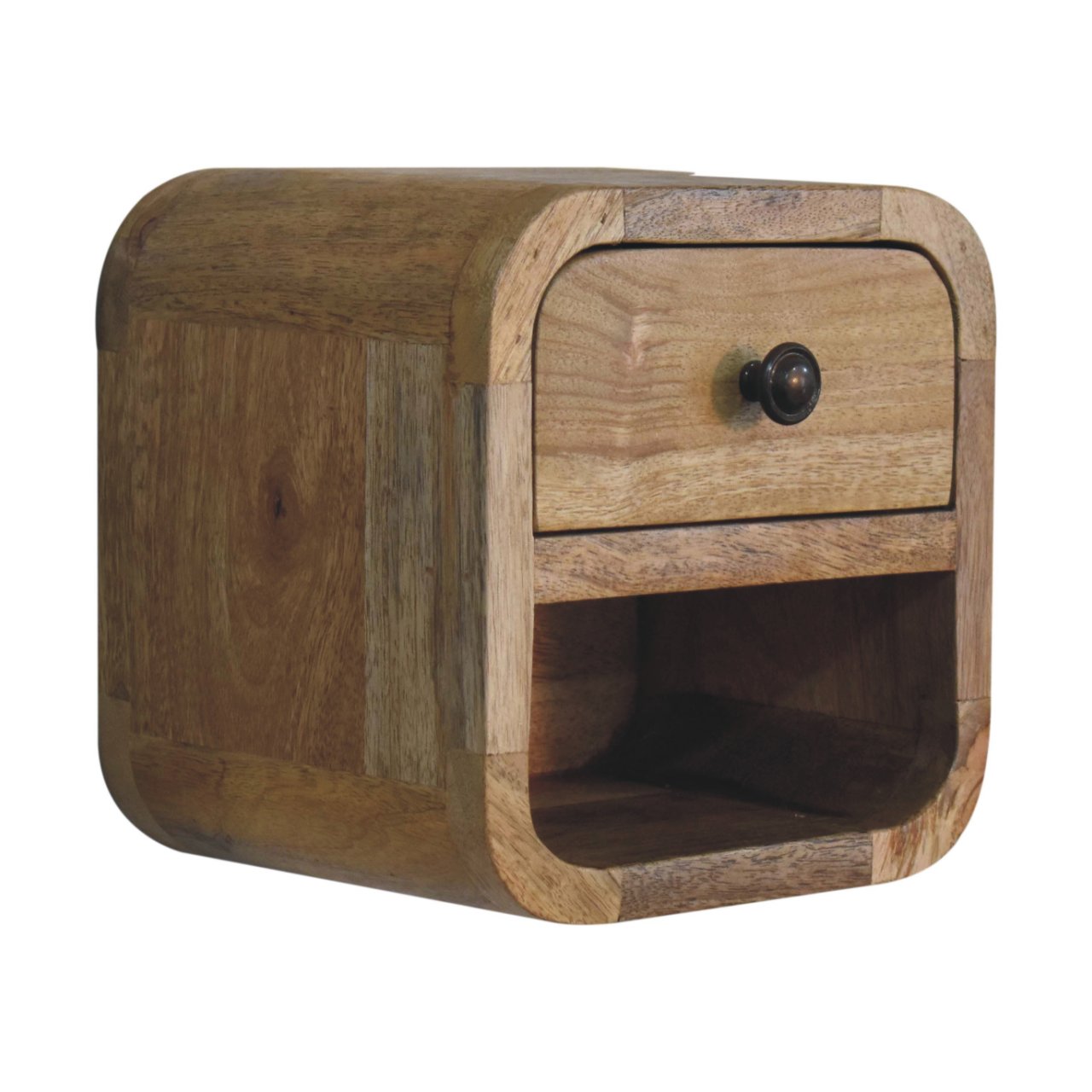 Bedside Cabinet - Extra Mini Curved with Open Slot, Drawer, and Shelf - Solid Wood Brown