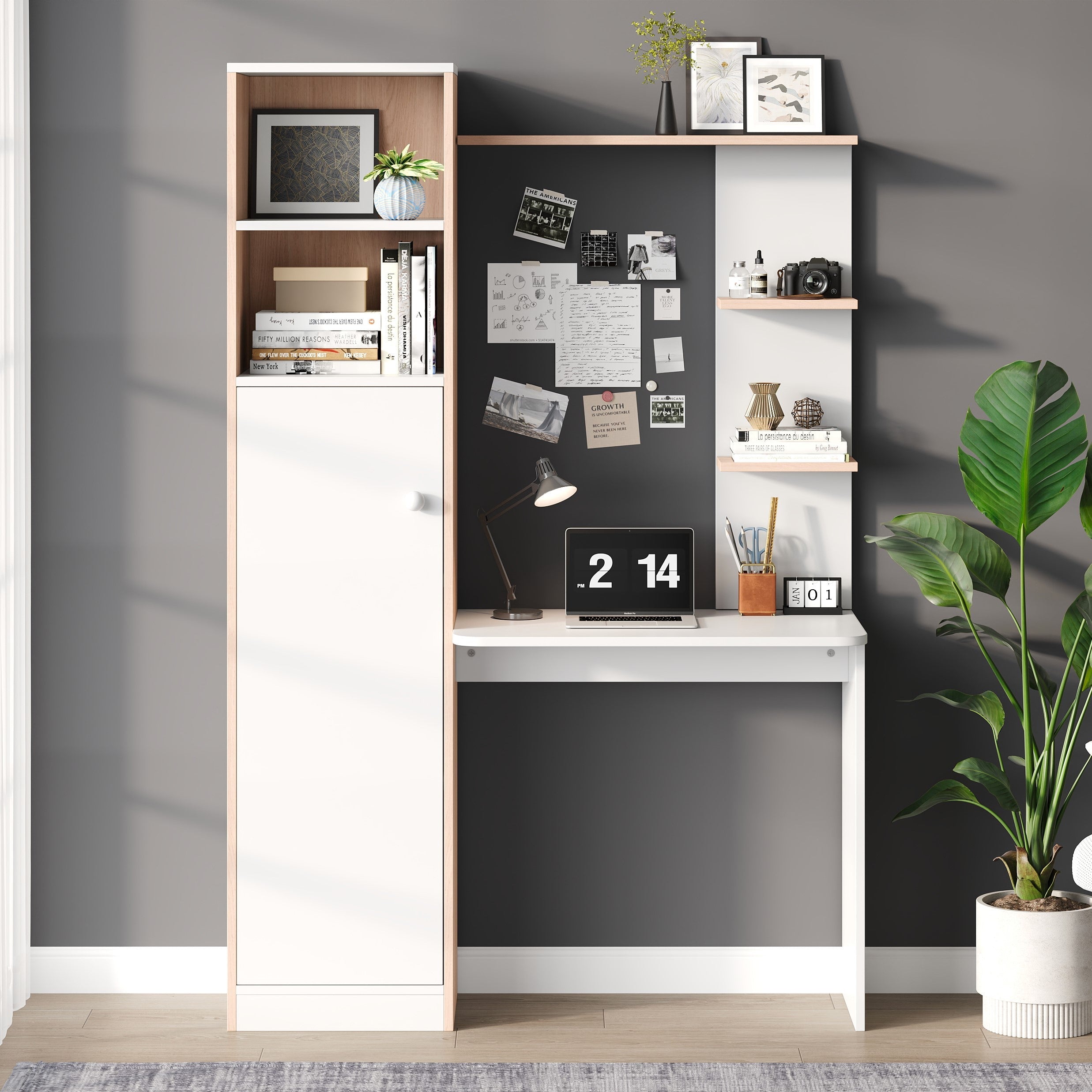 Work Table/Desk with Storage, Lower Cabinet & Open Shelf, White/Slatted Wood