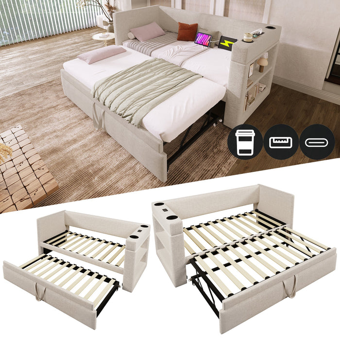 Upholstered Daybed Sofa Bed 90x190cm Pull-Out USB/Type-C Charger, Beige Linen Blend