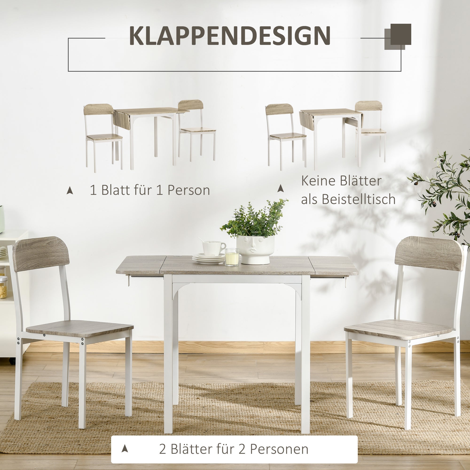 Dining Set, 3-Piece with Folding Table & 2 Chairs, Steel MDF, Natural White