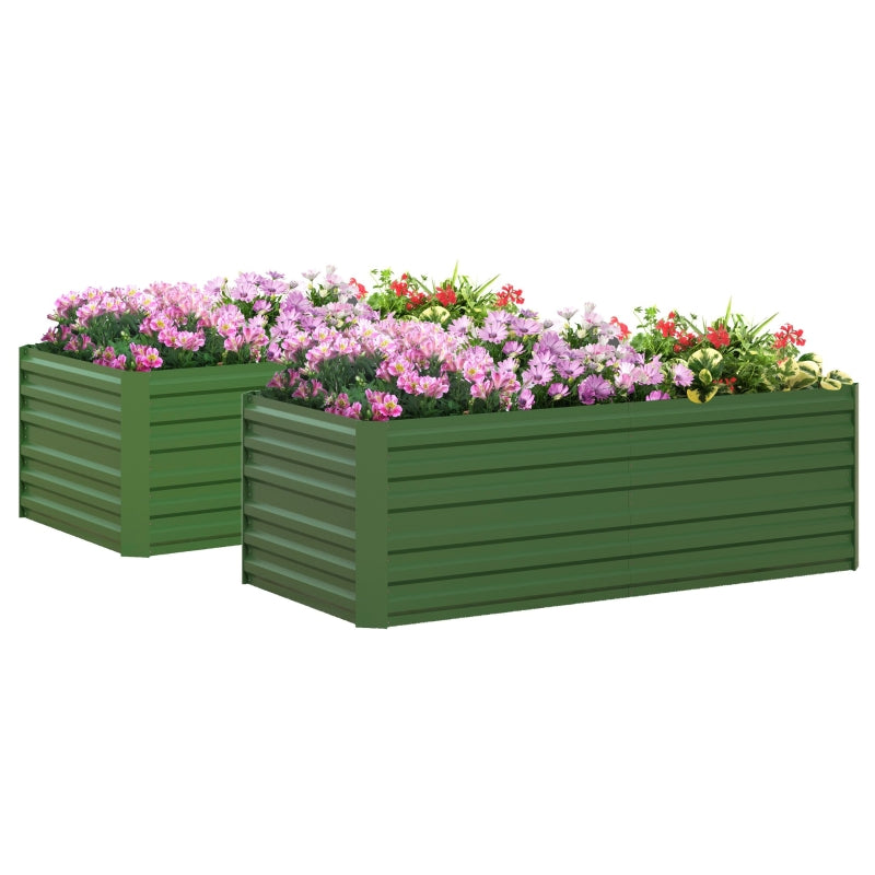 Set of 2 Raised Beds, Galvanised Steel Outdoor Planters for Vegetables Plants Herbs, Green