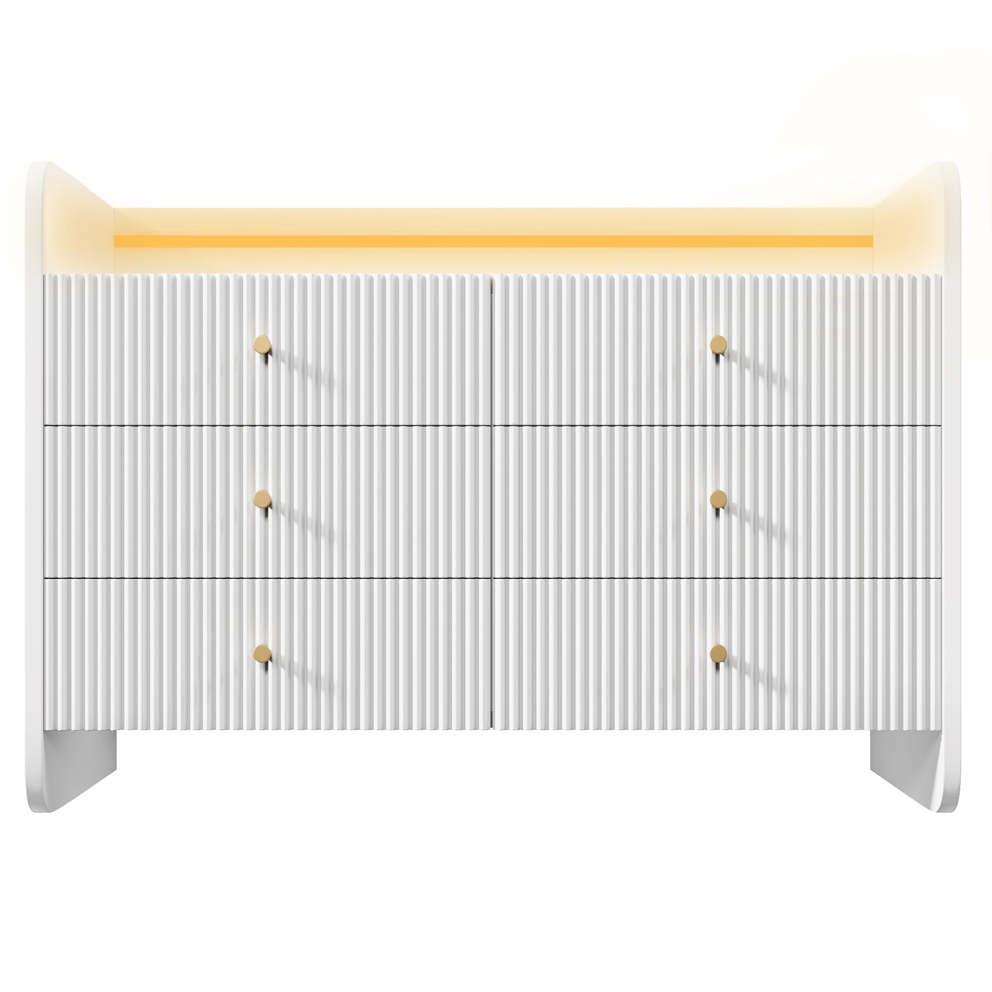 Sideboard, LED Lighting, 6 Drawers, Wave-Shaped Groove, White