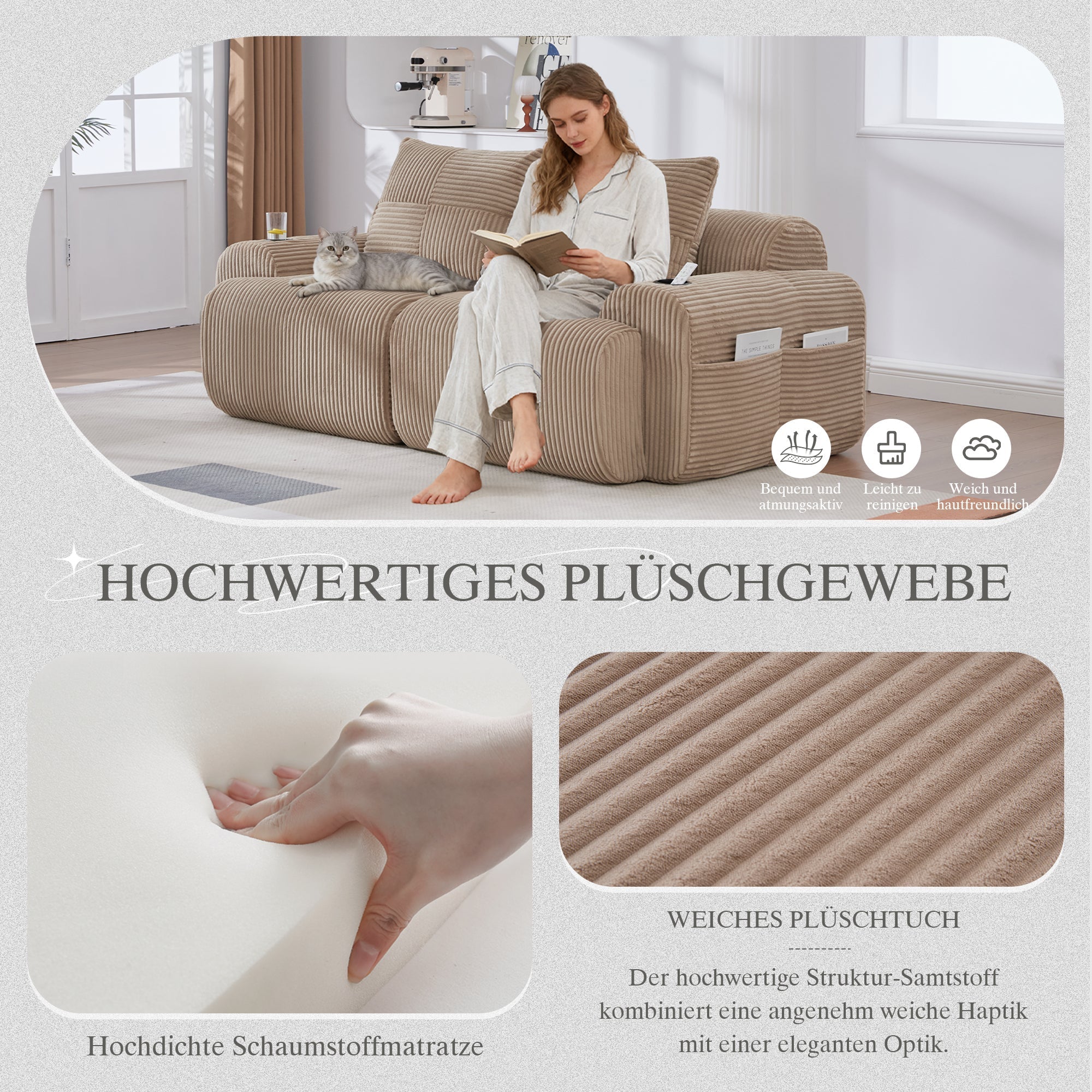 Modular 2-Seater Sofa with Cup Holder and Storage Pocket, Khaki Corduroy