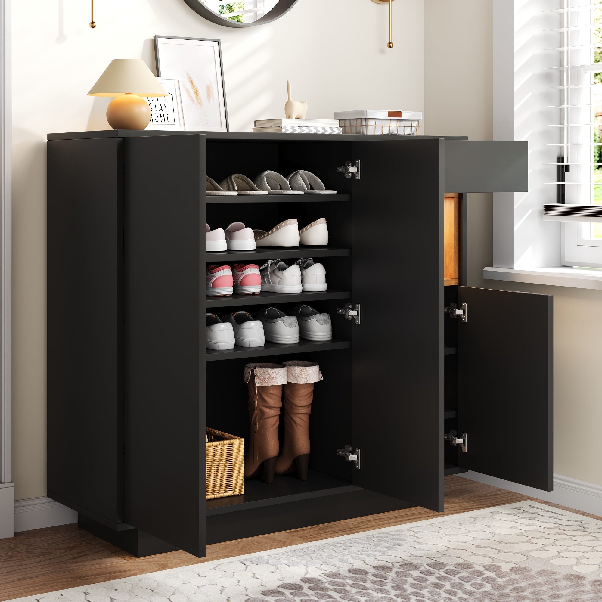 Shoe Cabinet, Adjustable Shelves, Black and Wood