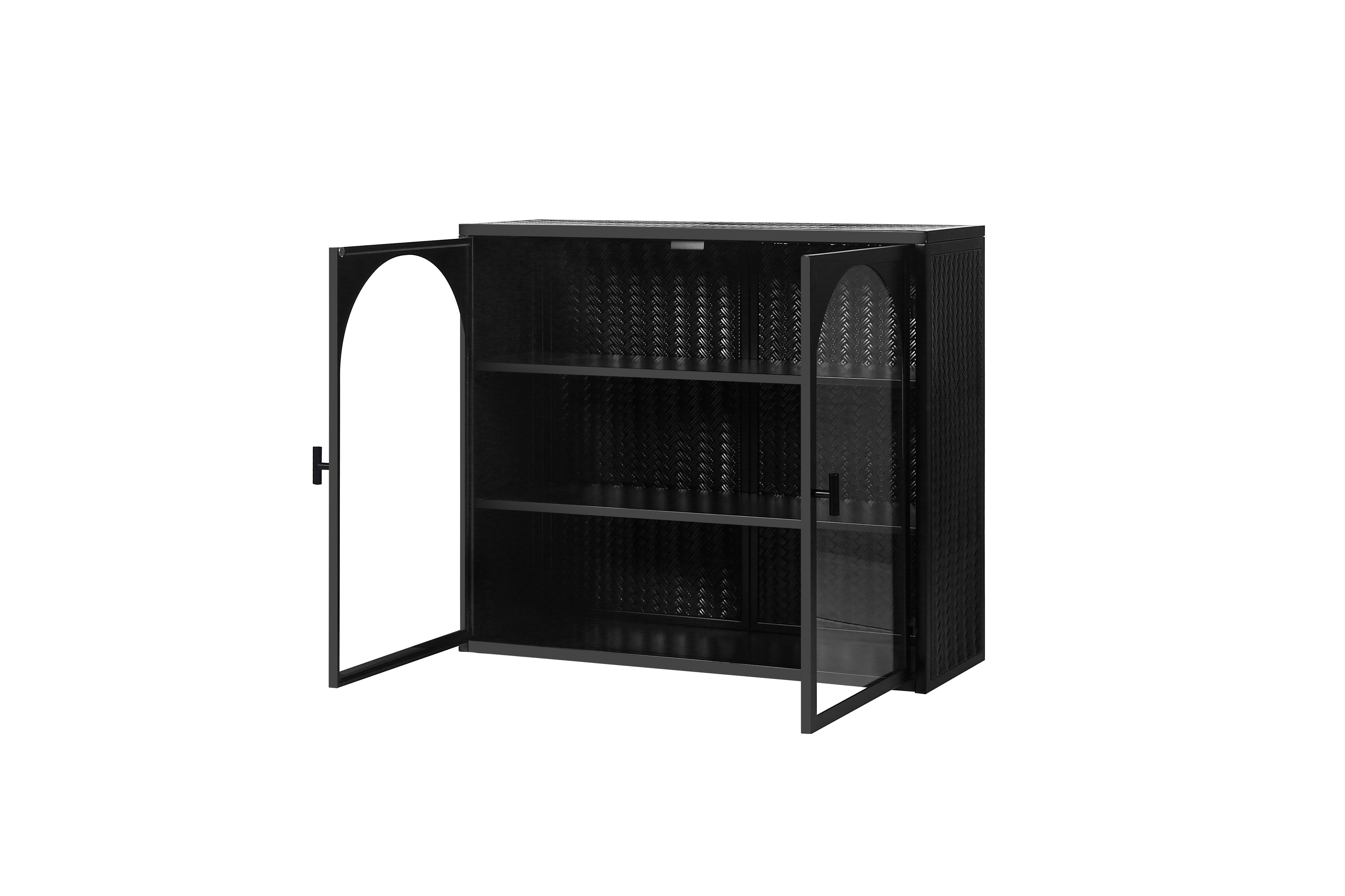 Wall Cabinet 70CM Glass Doors Two-door Three-tier Storage Woven Pattern Black