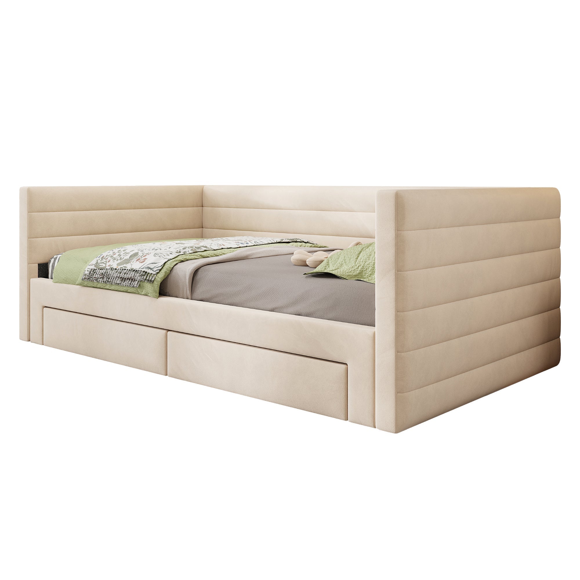 3-in-1 Upholstered Sofa Bed with Drawers and Slatted Base, Cotton and Linen, Beige