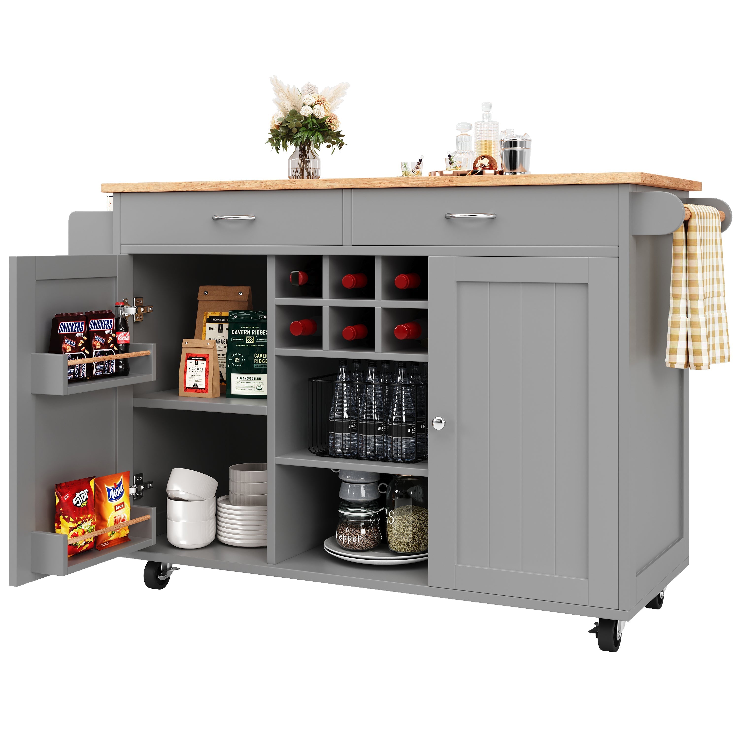 Kitchen Island Multifunctional Dining Table Storage Wood Grain - Grey