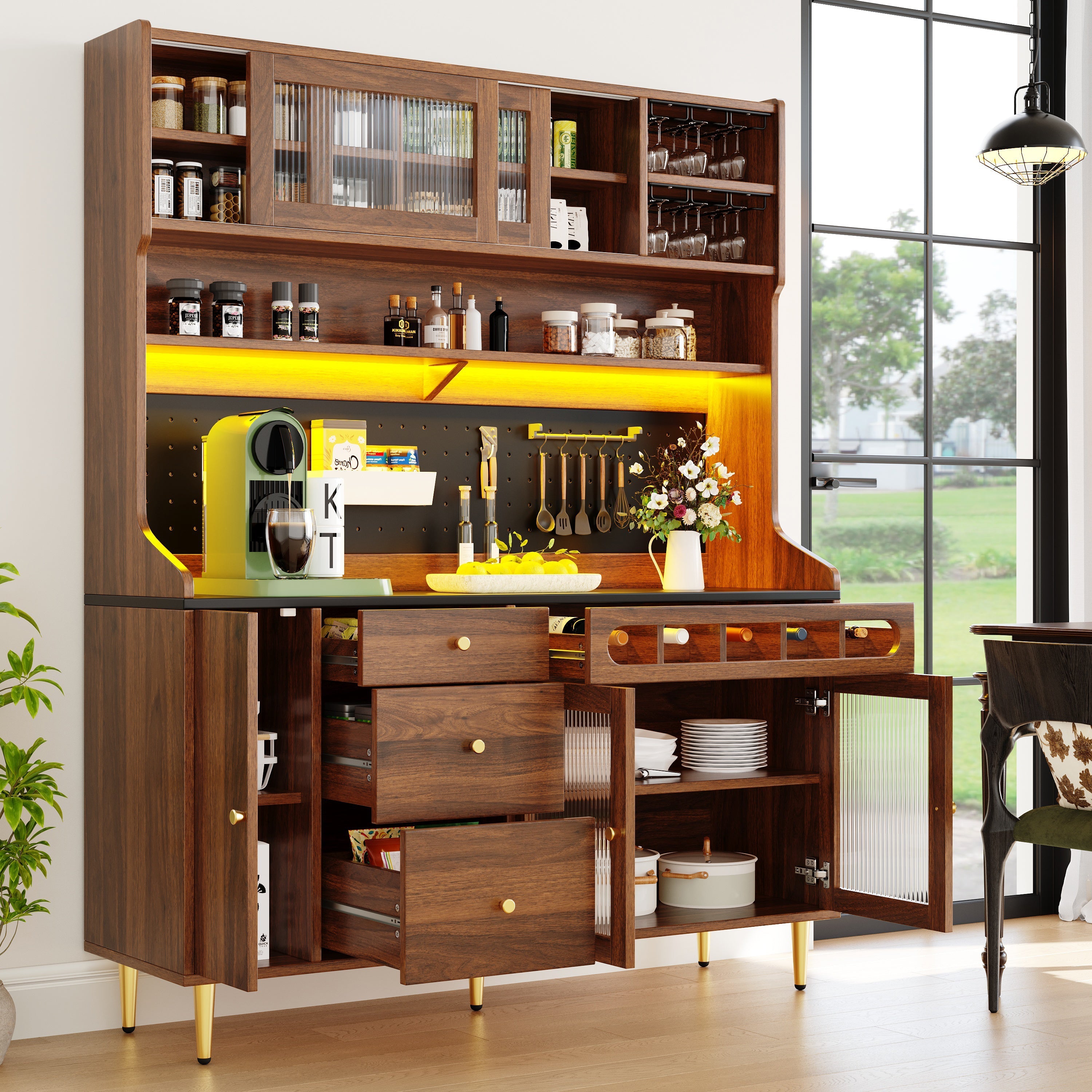 Tall Cabinet LED Lighting Wine Rack Adjustable Shelves 145x39x171cm Walnut Color