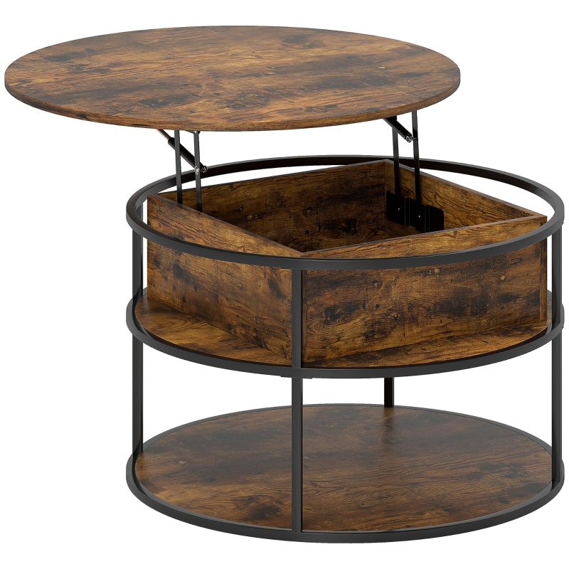 Lift Top Coffee Table, Round Storage Shelf Steel Frame, Brown