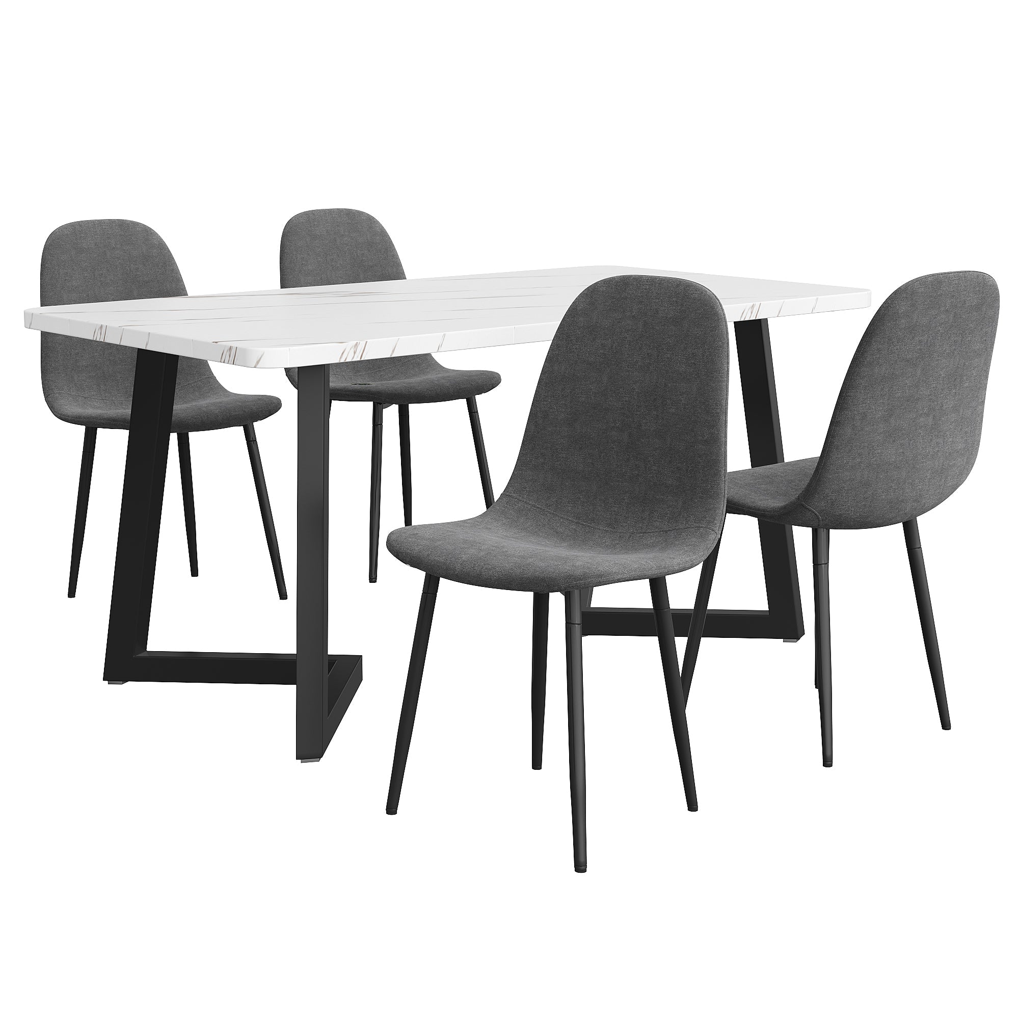 Dining Set (5-Piece) with 4 Modern Chairs, Metal Legs, Grey Linen/Black Table Legs