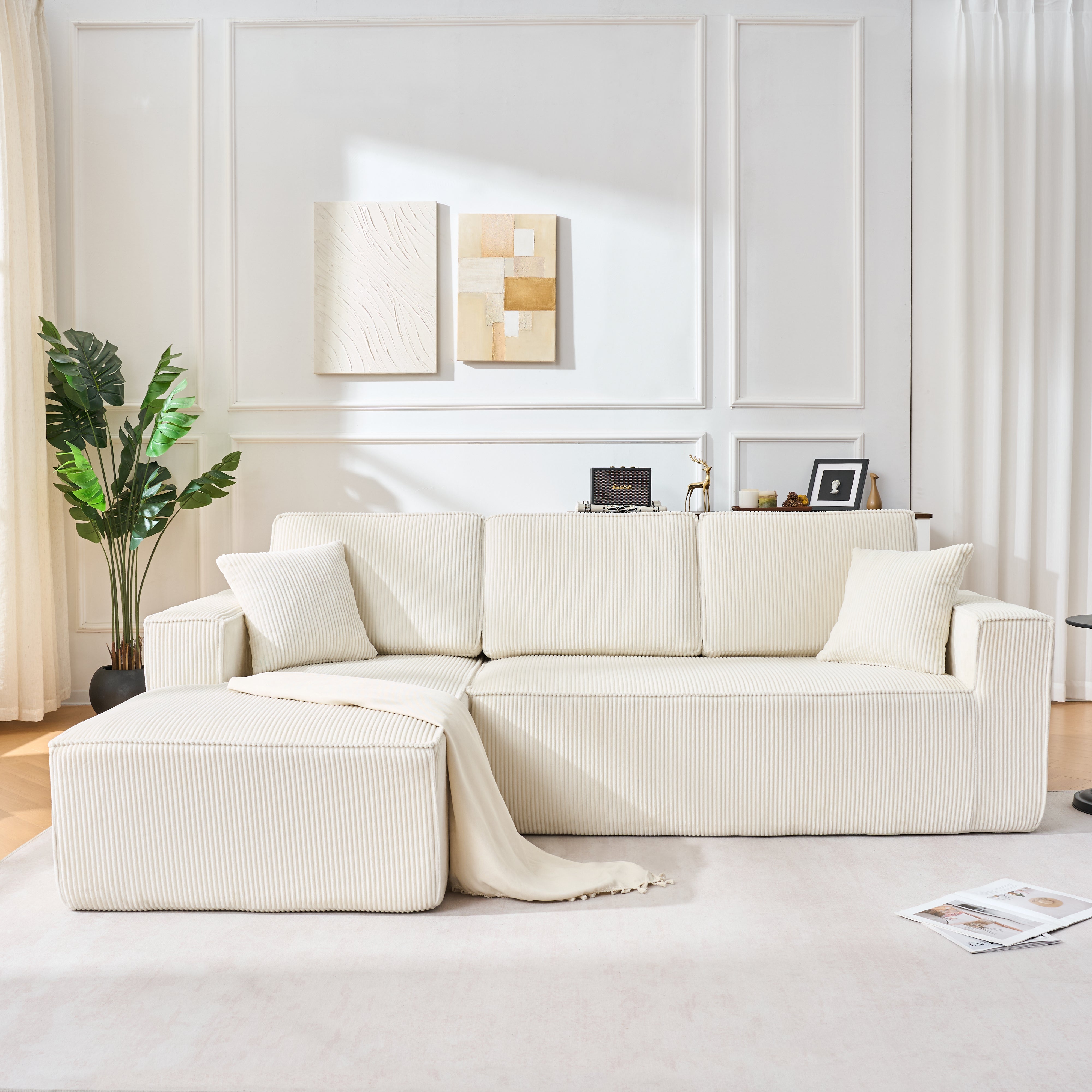 L-Shaped Sofa with Chaise Longue and High-Density Foam, Corduroy Beige