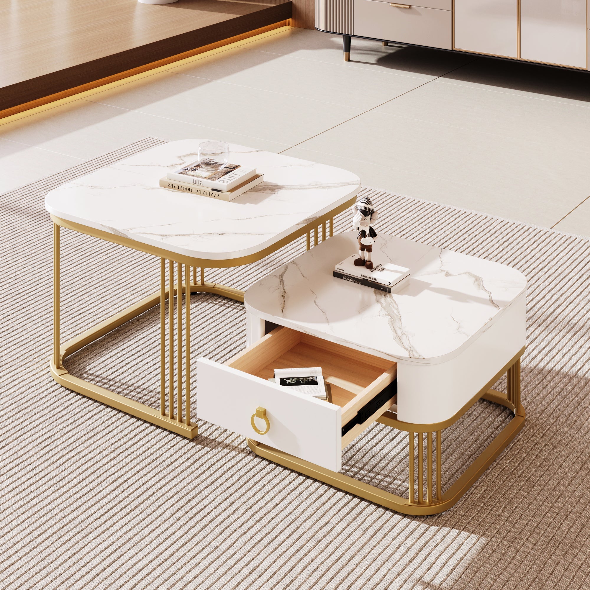 Stackable Coffee Table: Marble Look, Gold Accents, Two-Piece Set