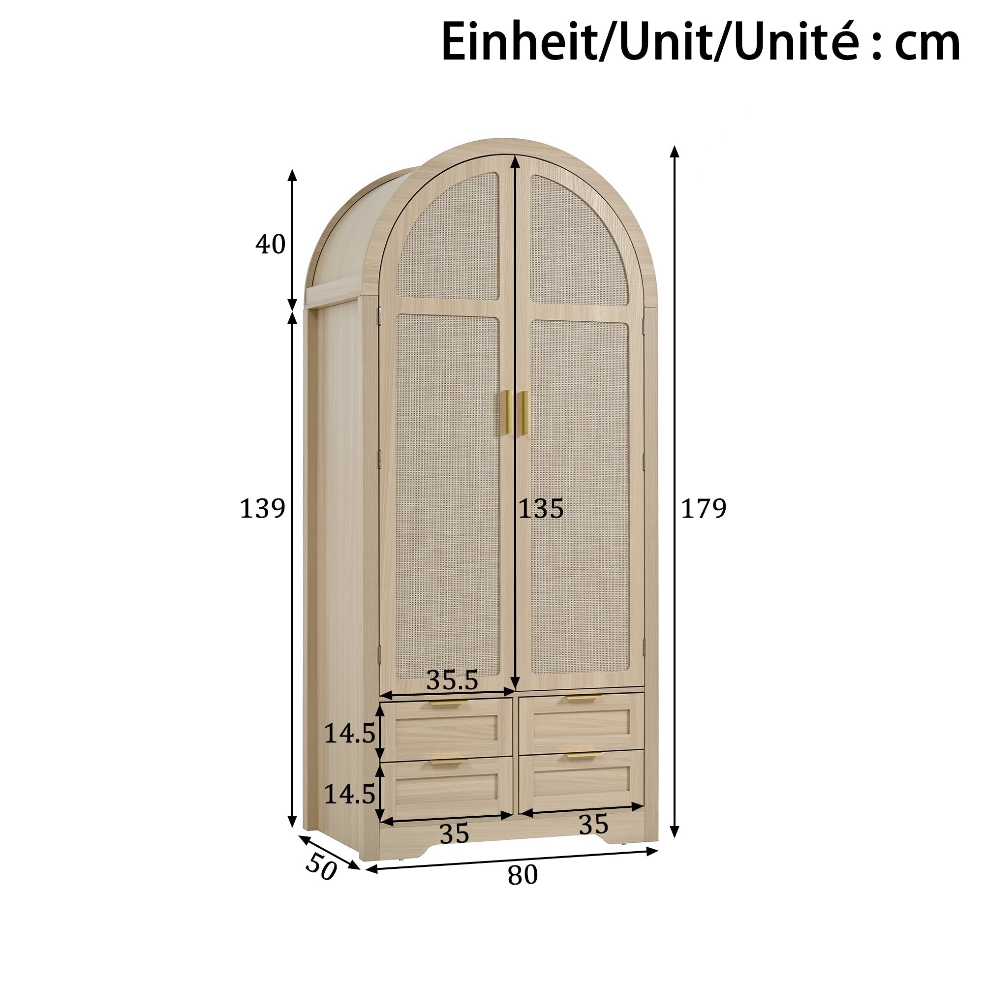 Modern Wardrobe with Curved Doors, Clothes Rail and Drawers, Oak MDF