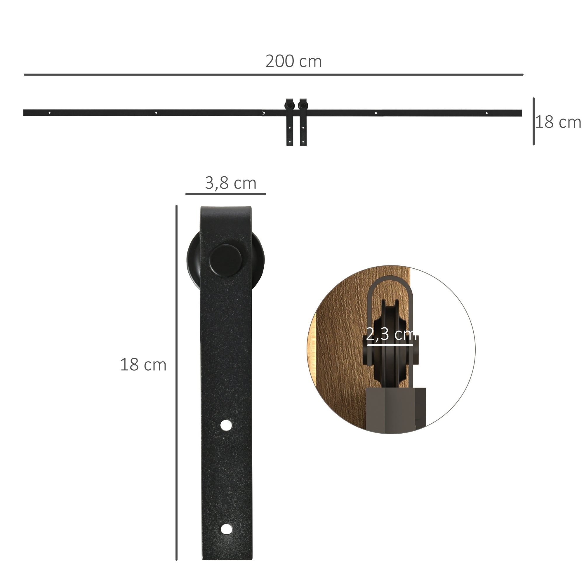 Sliding Door Hardware Single Track 200cm with Accessories, Carbon Steel Black