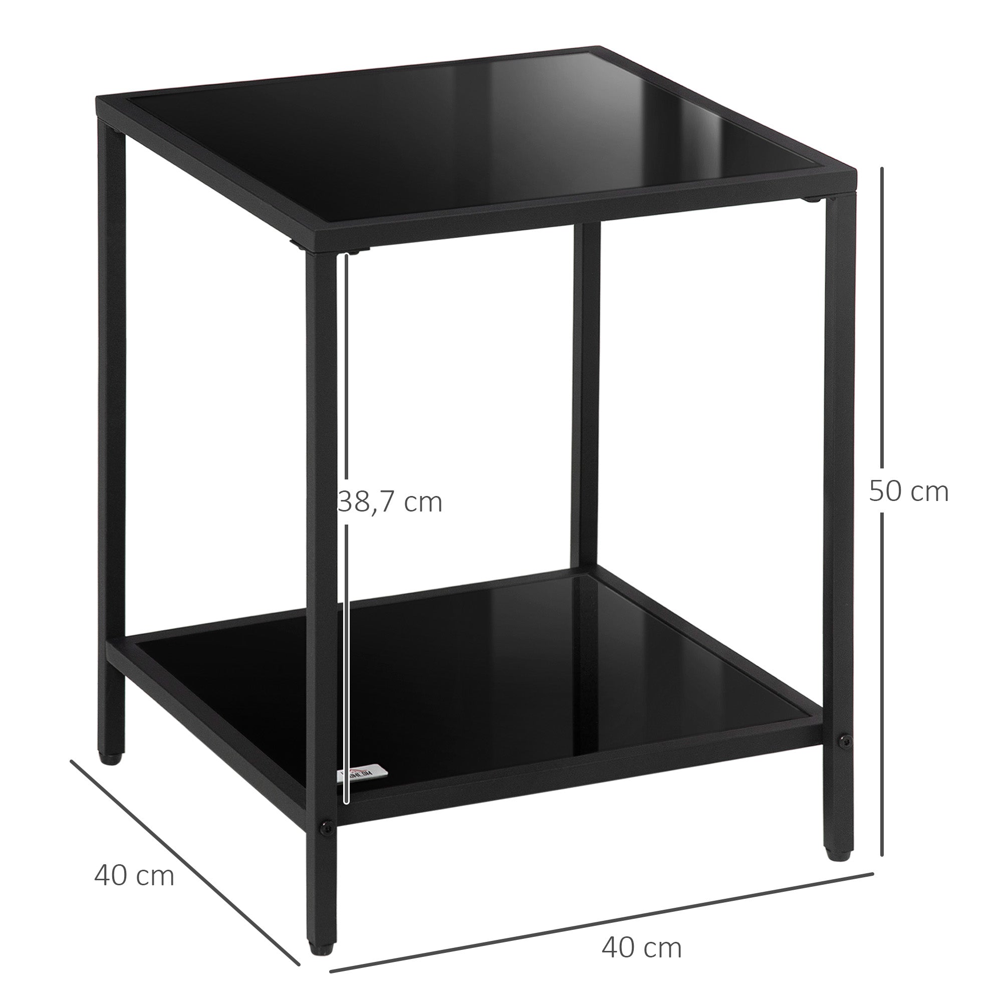 Beistelltisch, 2-stöckiger Couchtisch, 40 x 40 x 50 cm, gehärtetes Glas, Stahl, Schwarz
