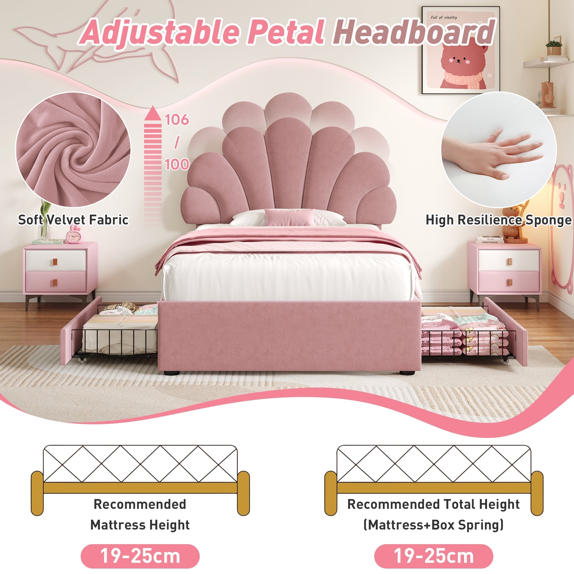 Adjustable Chic Petal Headboard 3ft Single Upholstered Bed with 2 Storage Drawers, Pink Velvet