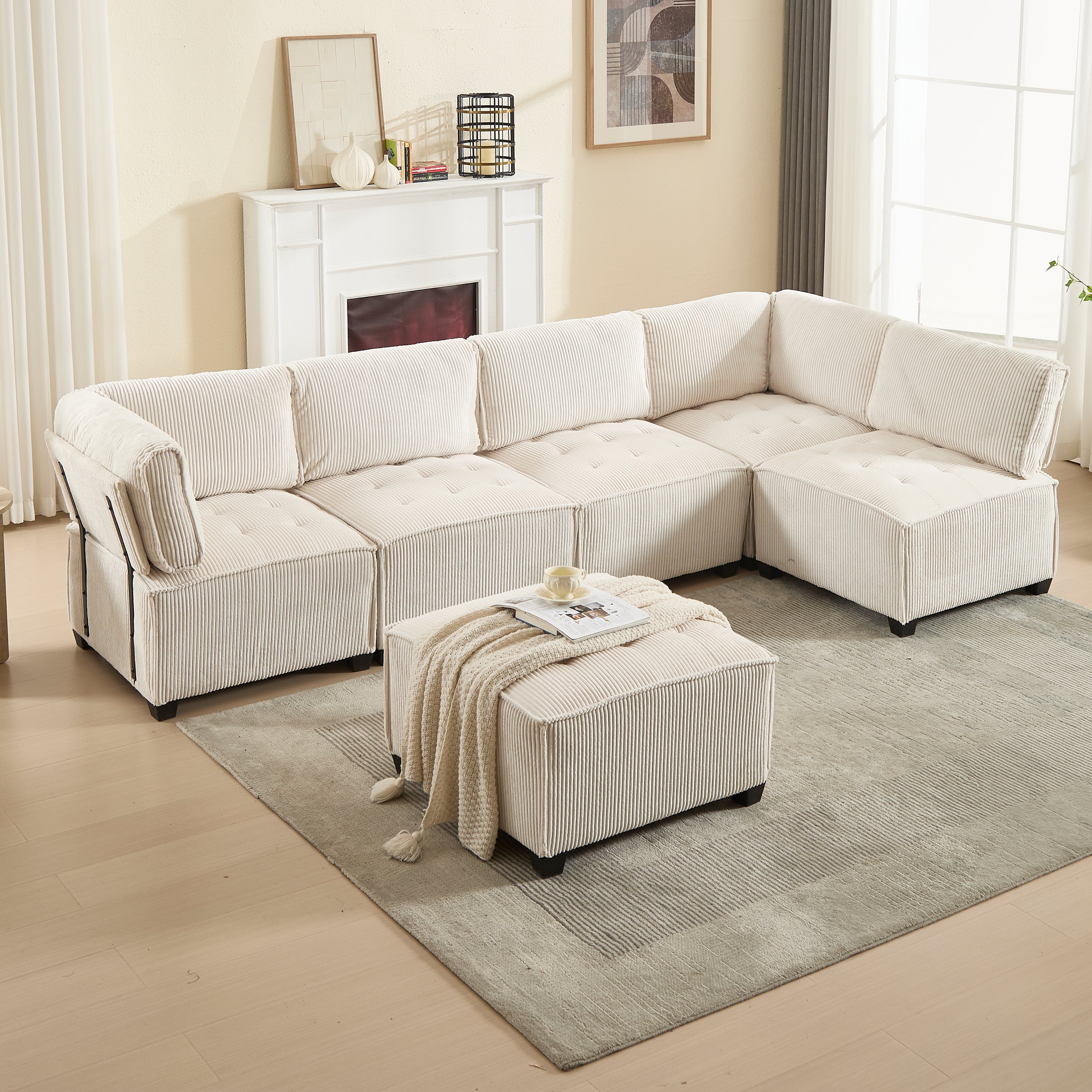 Modular 6-Seater Sofa 308cm Ergonomic Storage Pockets Corduroy, Beige