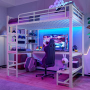 Loft Bed with Desk, USB Sockets, LED Strip and Pegboard, White Metal Frame