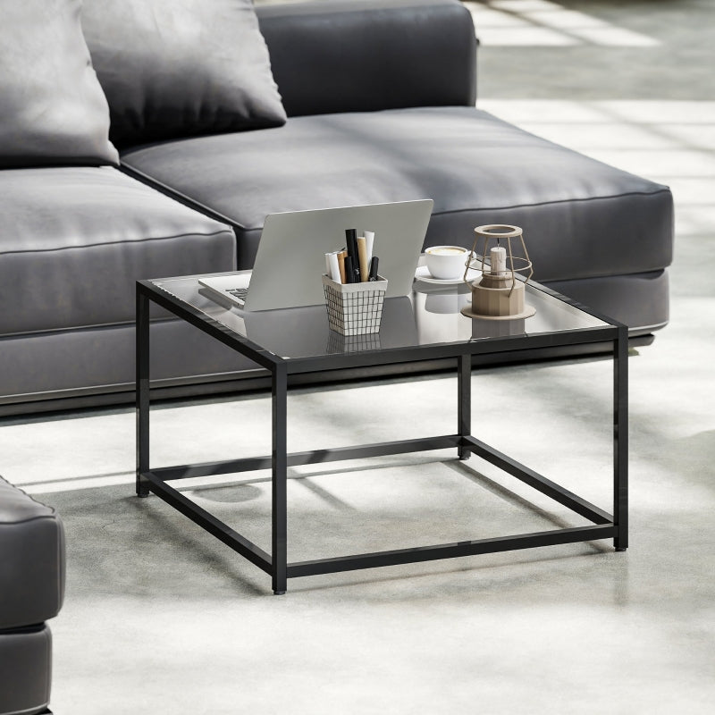 Square Side Table Tempered Glass Top Steel Legs - Black