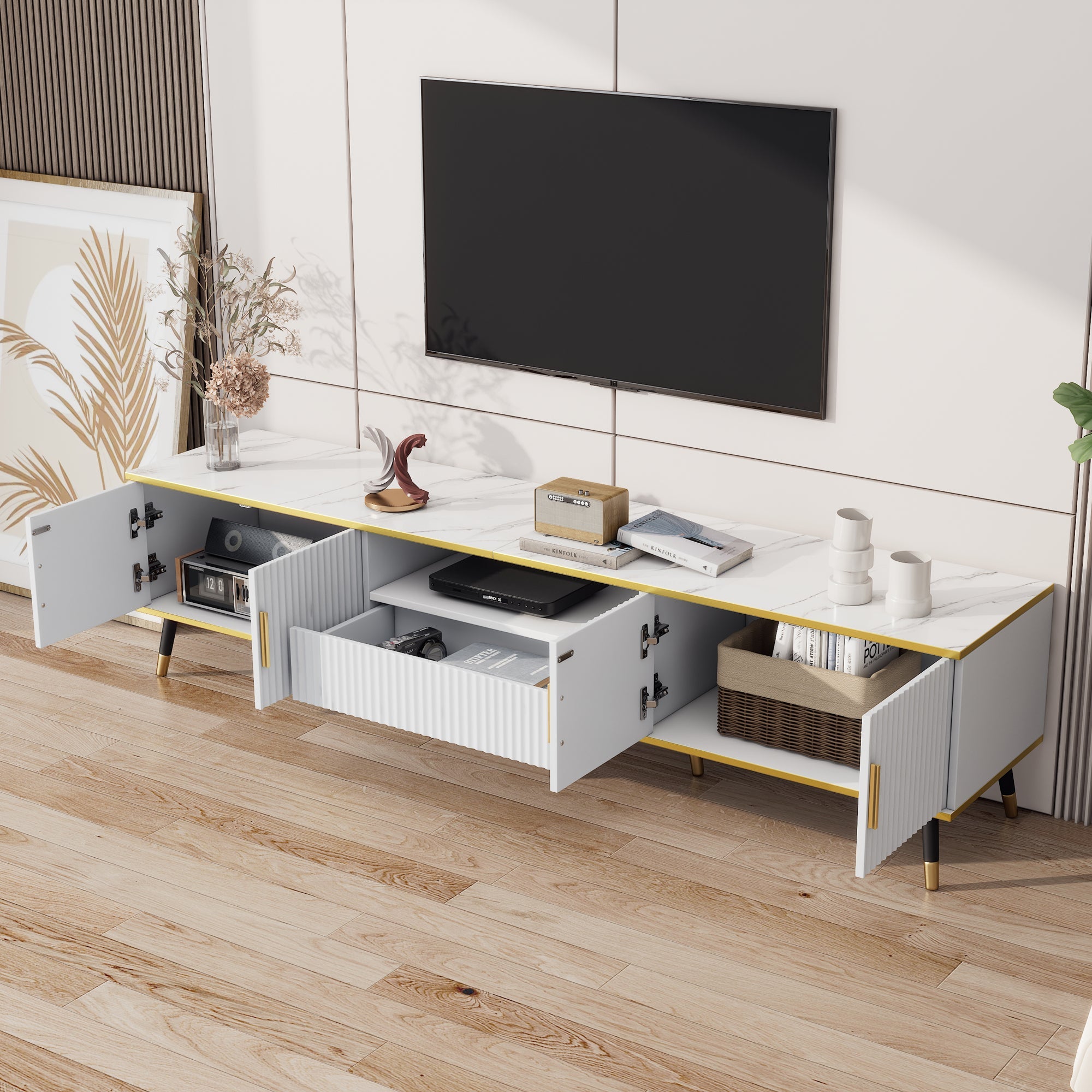 TV Cabinet, Modern Low with Marble Look, 200x40x46cm