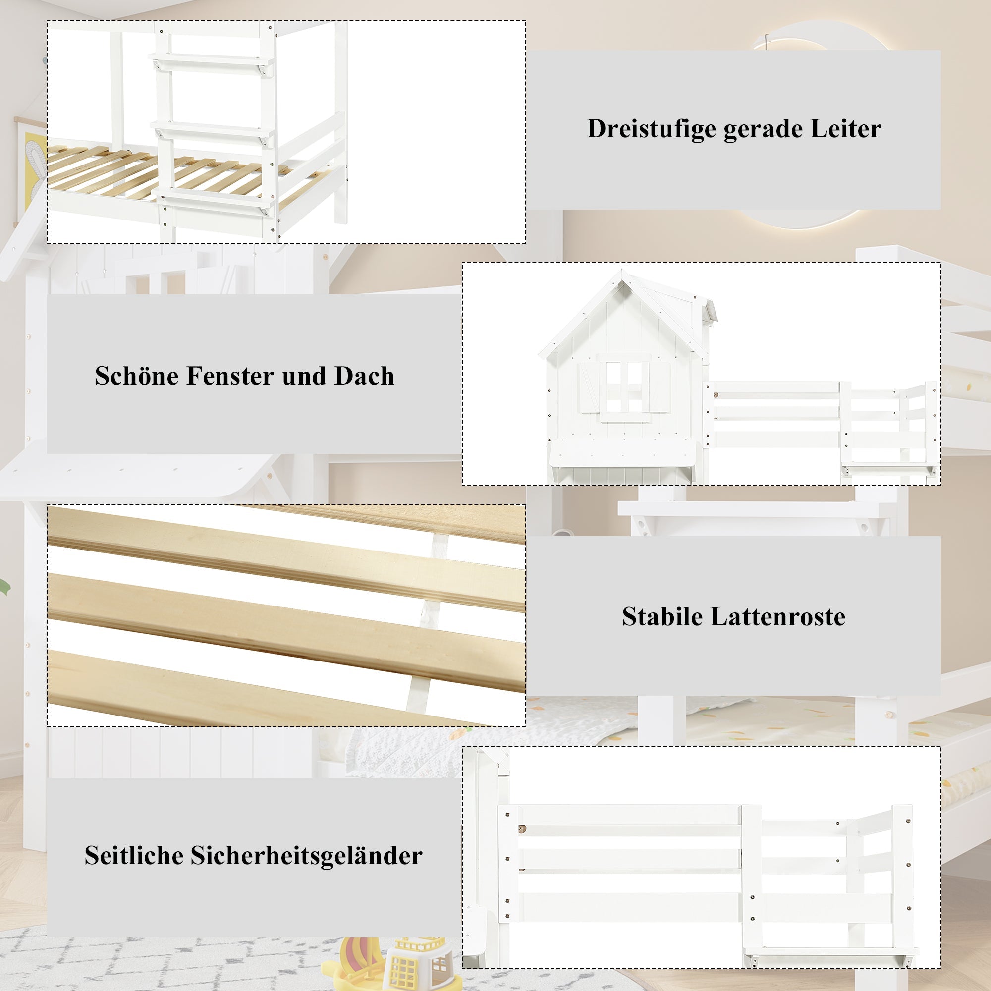 Bunk Bed Kids House, Safety Rails Ladder Slatted Base, Pine/MDF/Plywood White 90x200cm