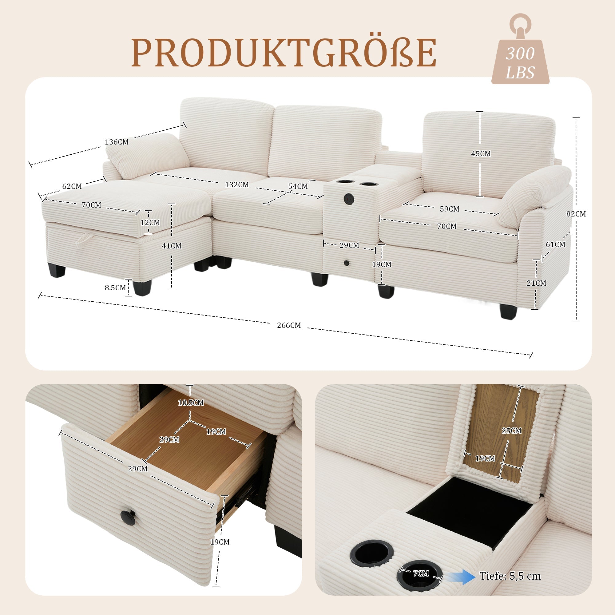 Sofa with Console, USB-C Port, Drawer & Movable Ottoman - Corduroy