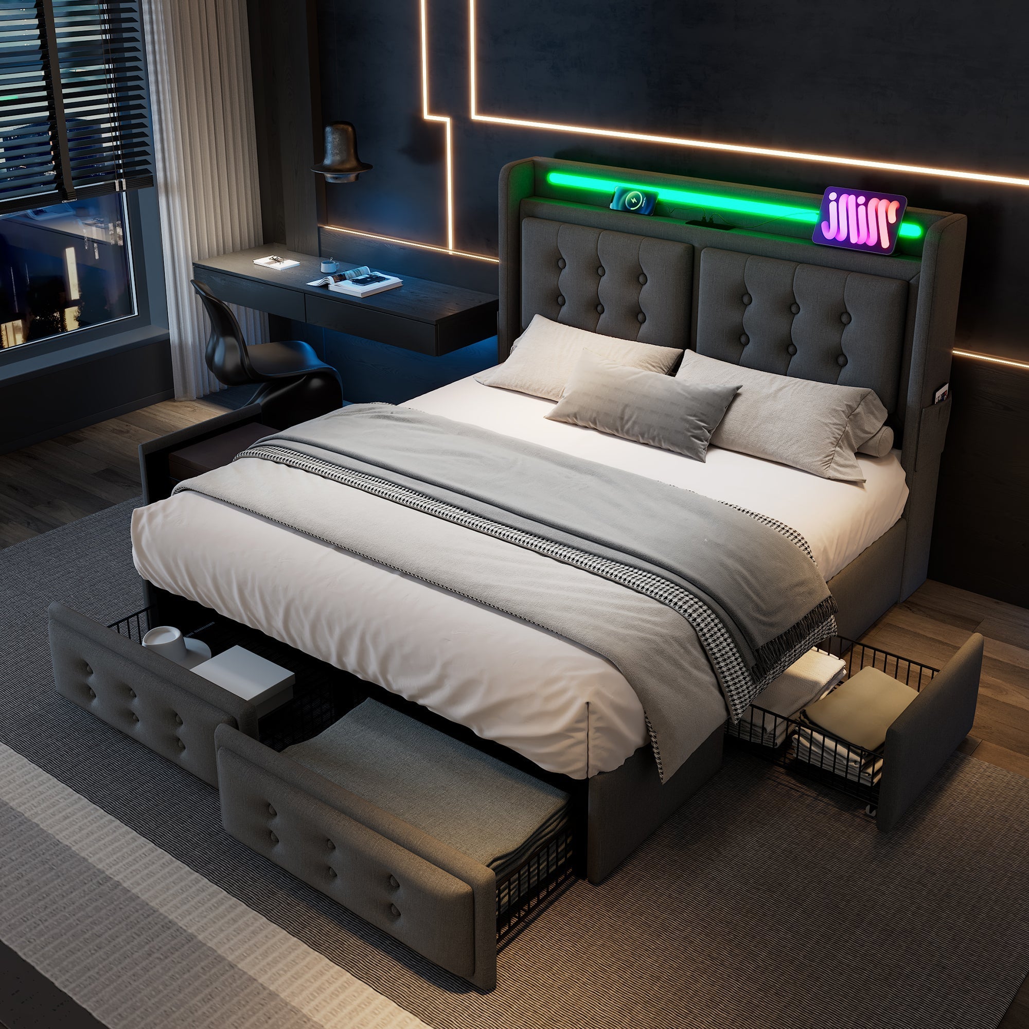 Upholstered Bed, 140x200 Double with LED Headboard, USB C & 4 Drawers, Gray Cotton