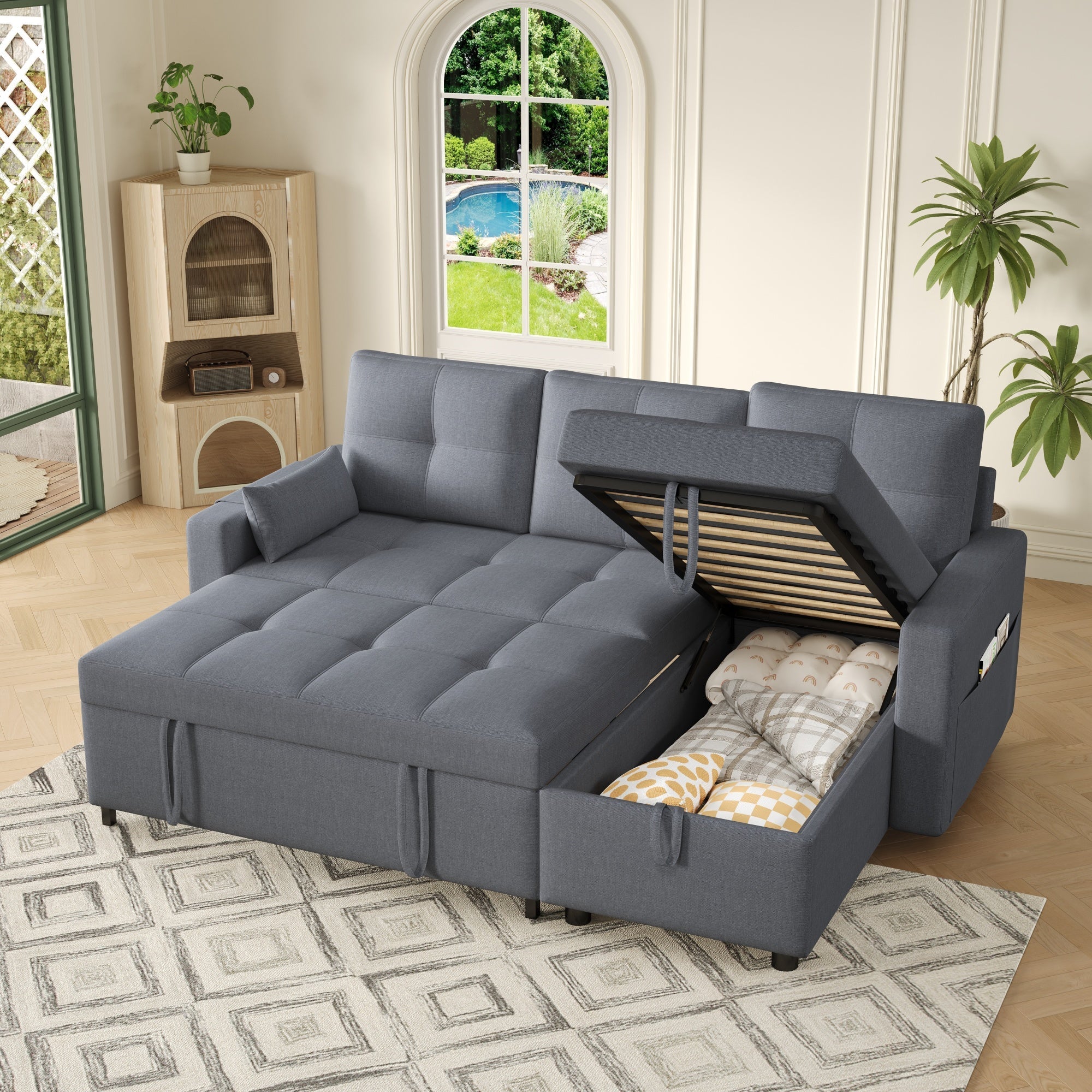 Modern L-Sofa Modular Pull-out Sofa Bed Sleeping Function Storage Cup Holder