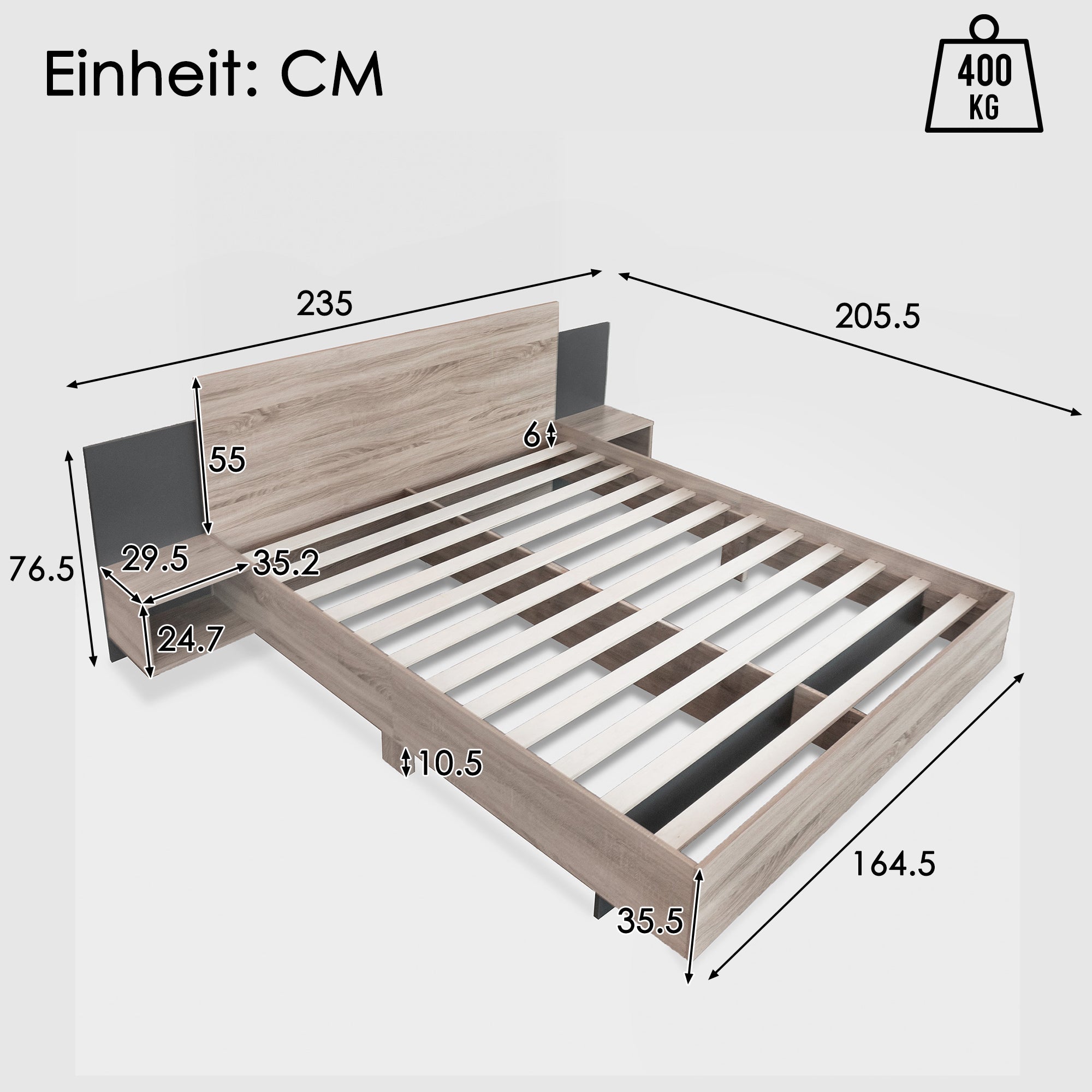 Double Bed Frame Set 160x200cm Modern 2 Bedside Tables, Sonoma Oak/Dark Grey Wood