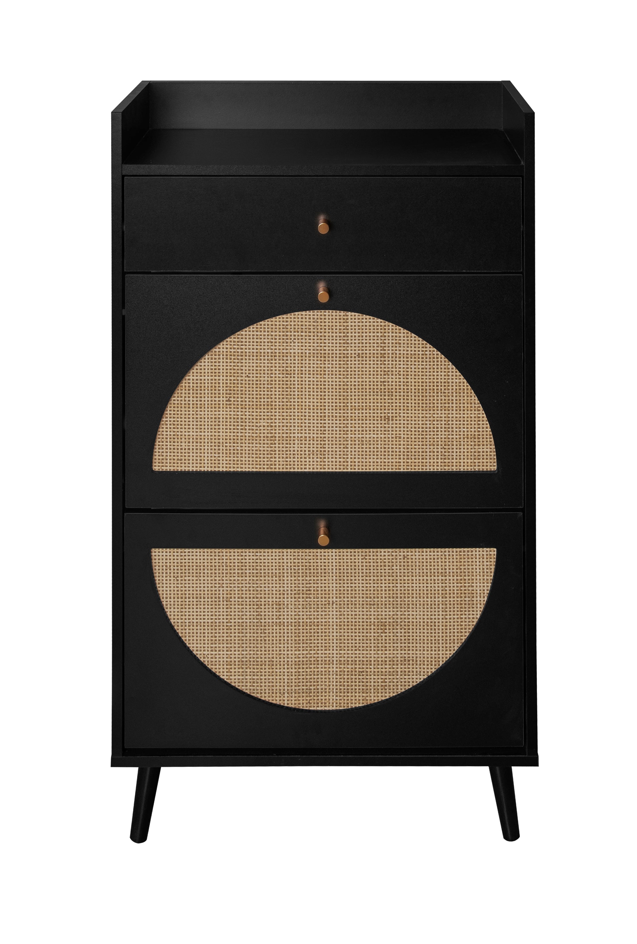 Shoe Cabinet with Two Doors, Drawer, Double Shelf, Black Rattan