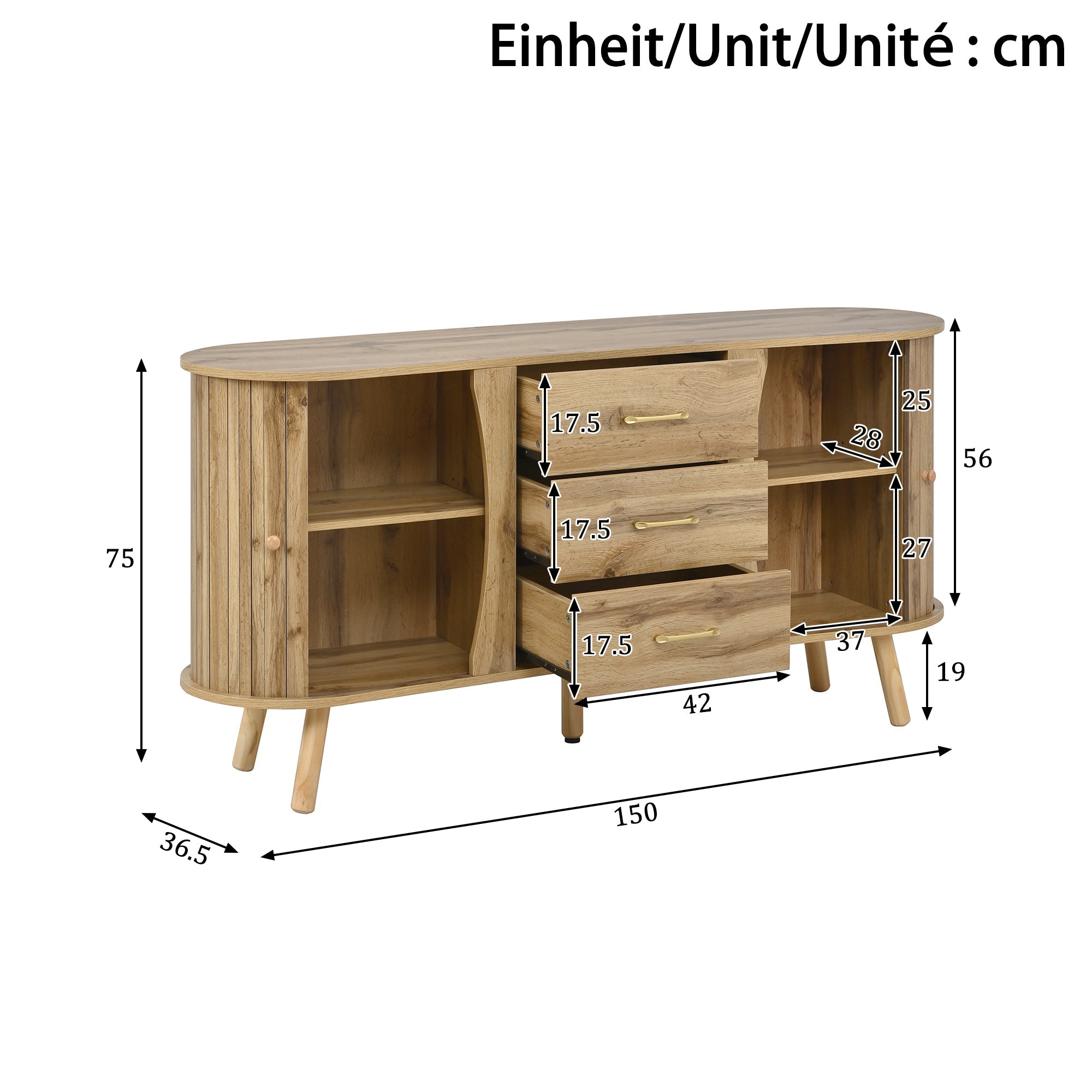 Scandinavian Pea-Shaped Sideboard with 2 Sliding Doors and 3 Drawers, Wood Look MDF