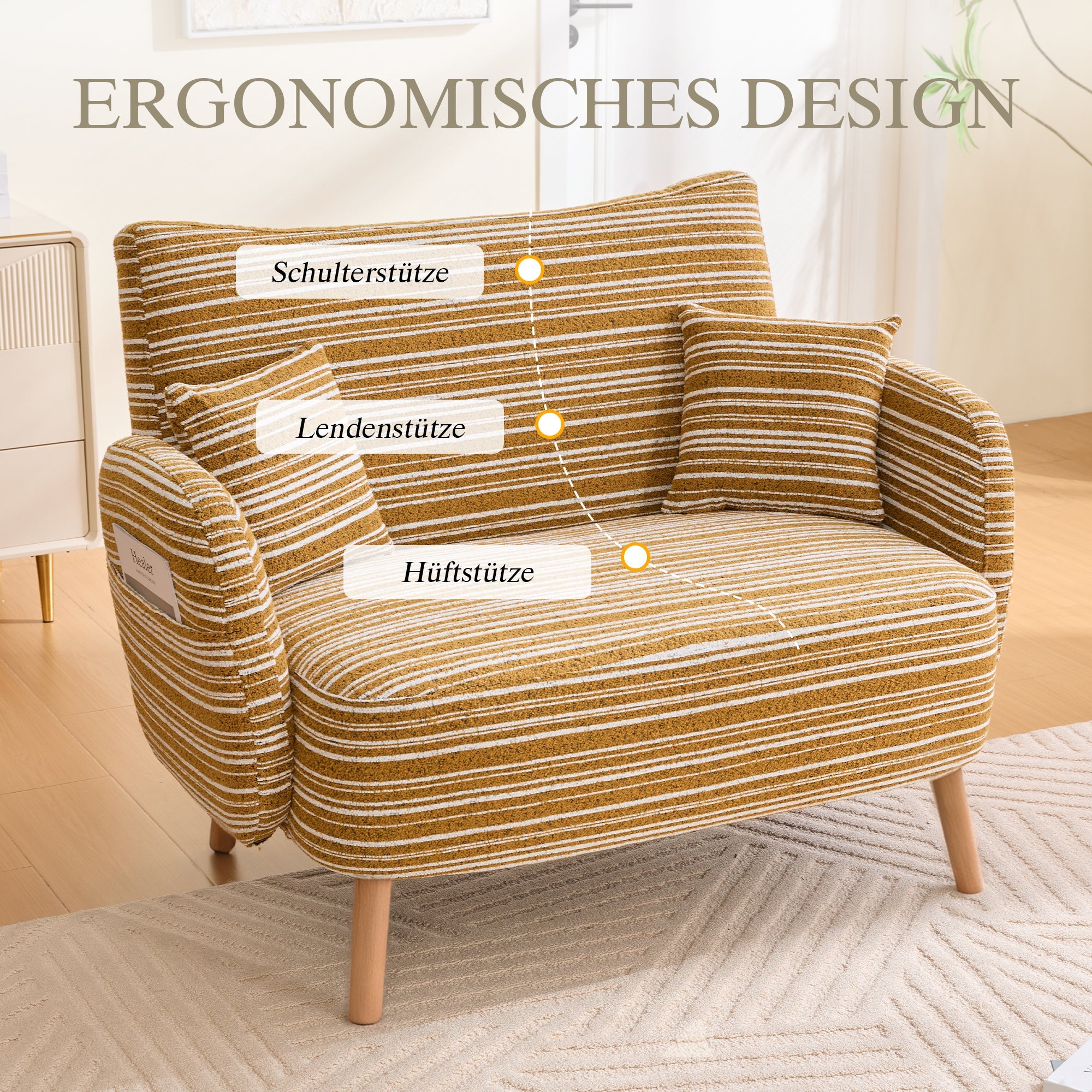 Modern Two-Seater Sofa with Armrest Cushions and Storage Bag, Loop Fabric