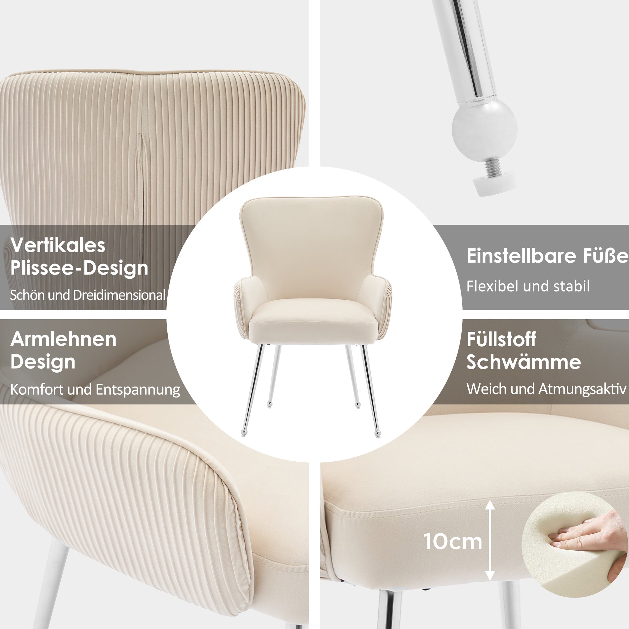 Velvet Dining Chair Set of 6 Lounge Armrests Lumbar Support - Beige Velvet