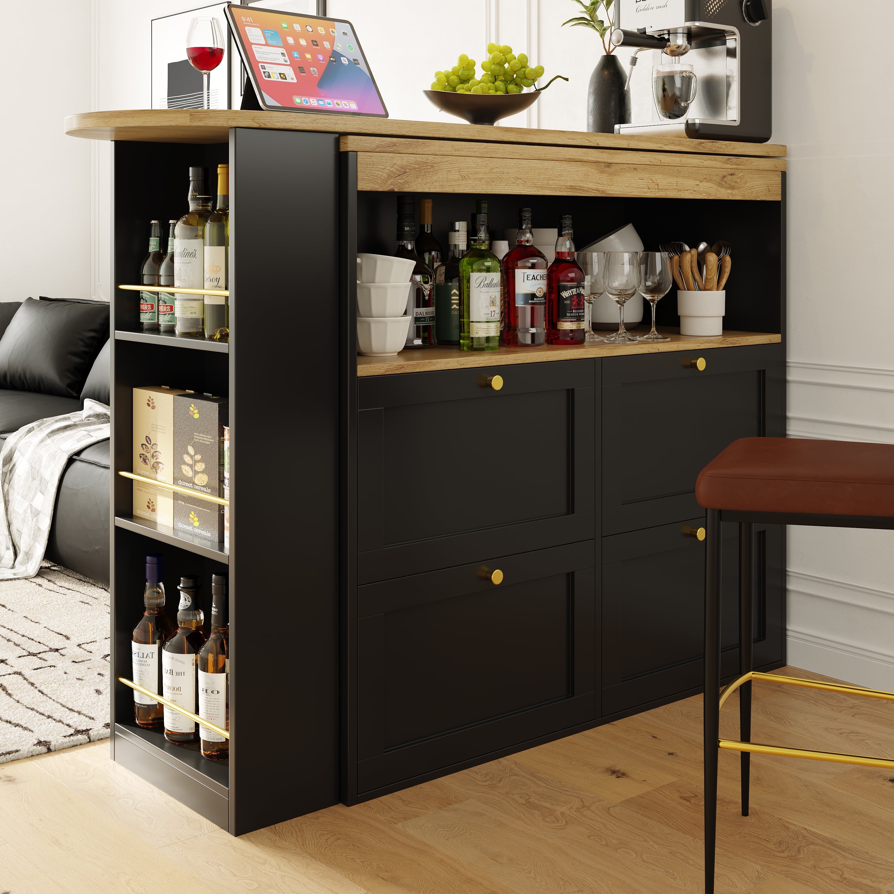 360° Swivelling Bar Table with 4 Drawers, Open Shelves, 105x39x102 cm, for Dining/Study/Living Room